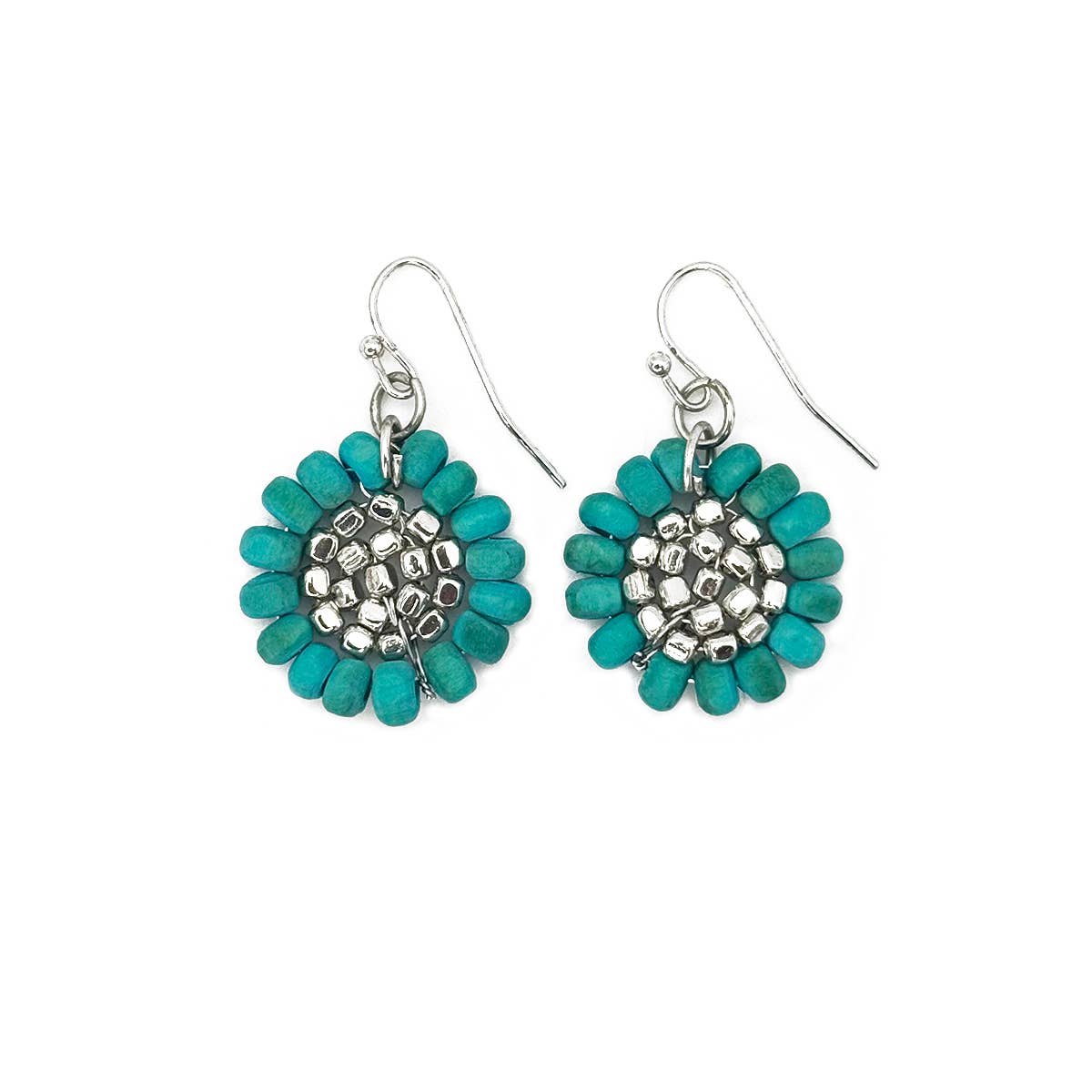 Sachi Wood Bead Flower Earrings - Turquoise
