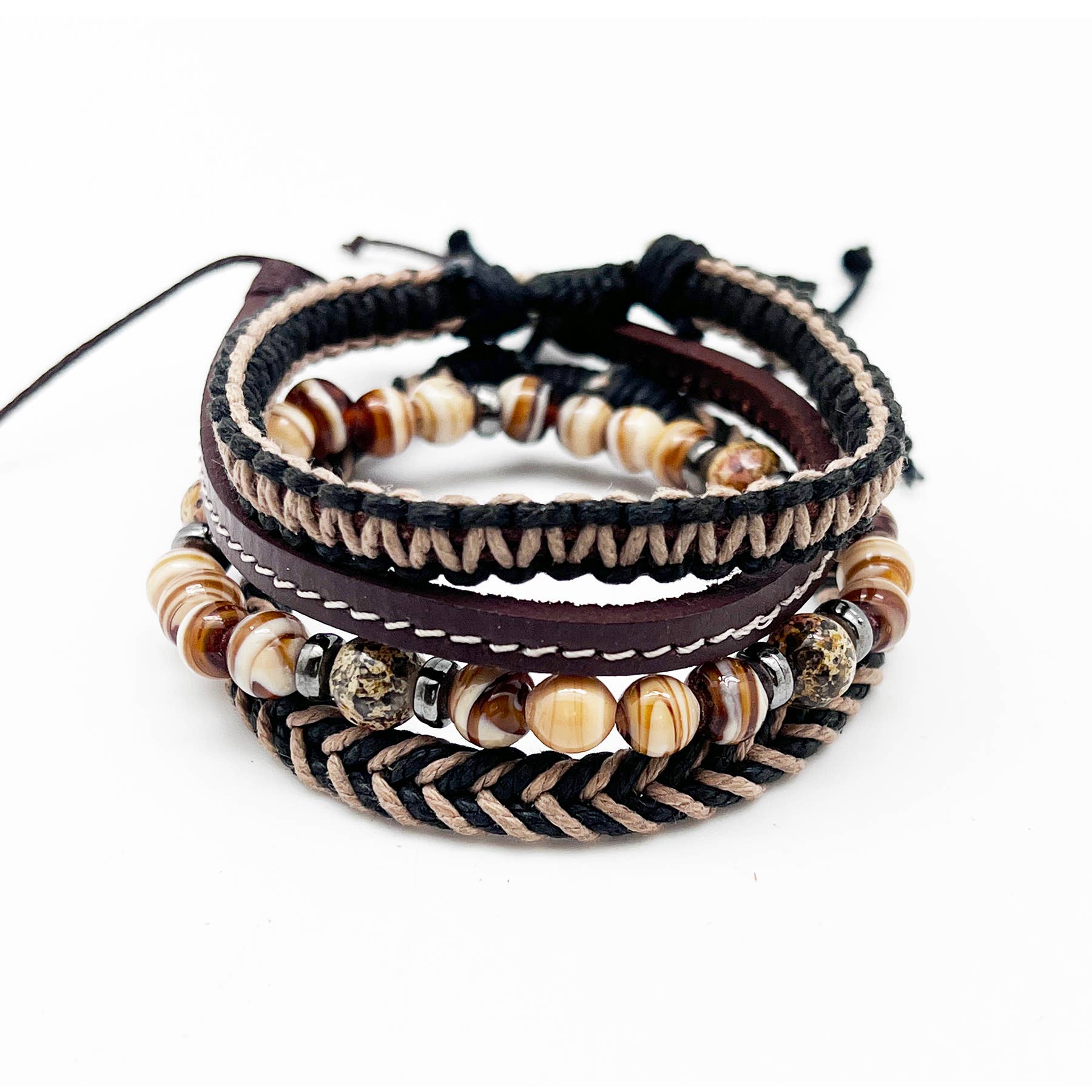 Aadi Mens Bracelet - Woven Leather with Beads