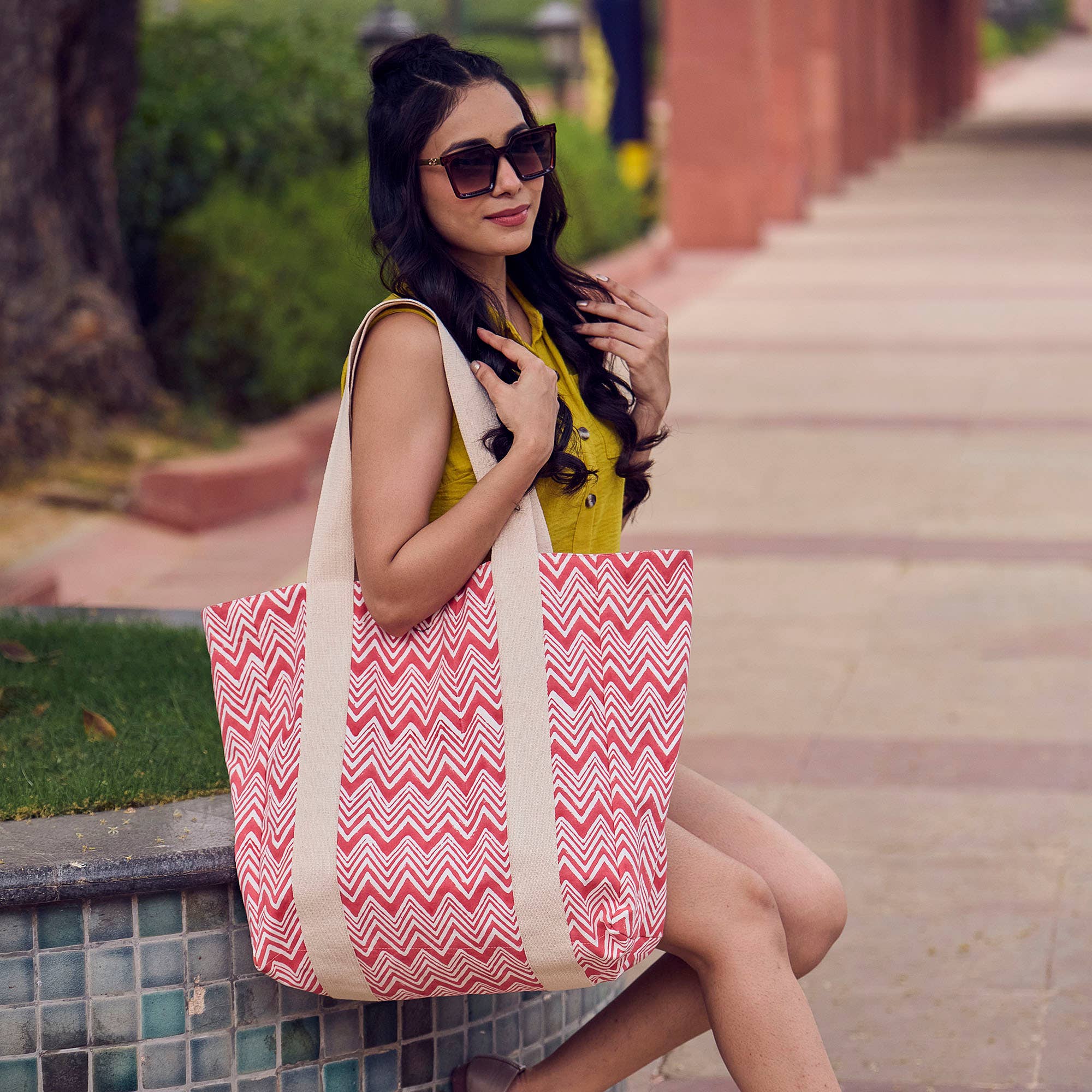 Handcrafted Canvas Bag with Block-Printed Chevron Delight