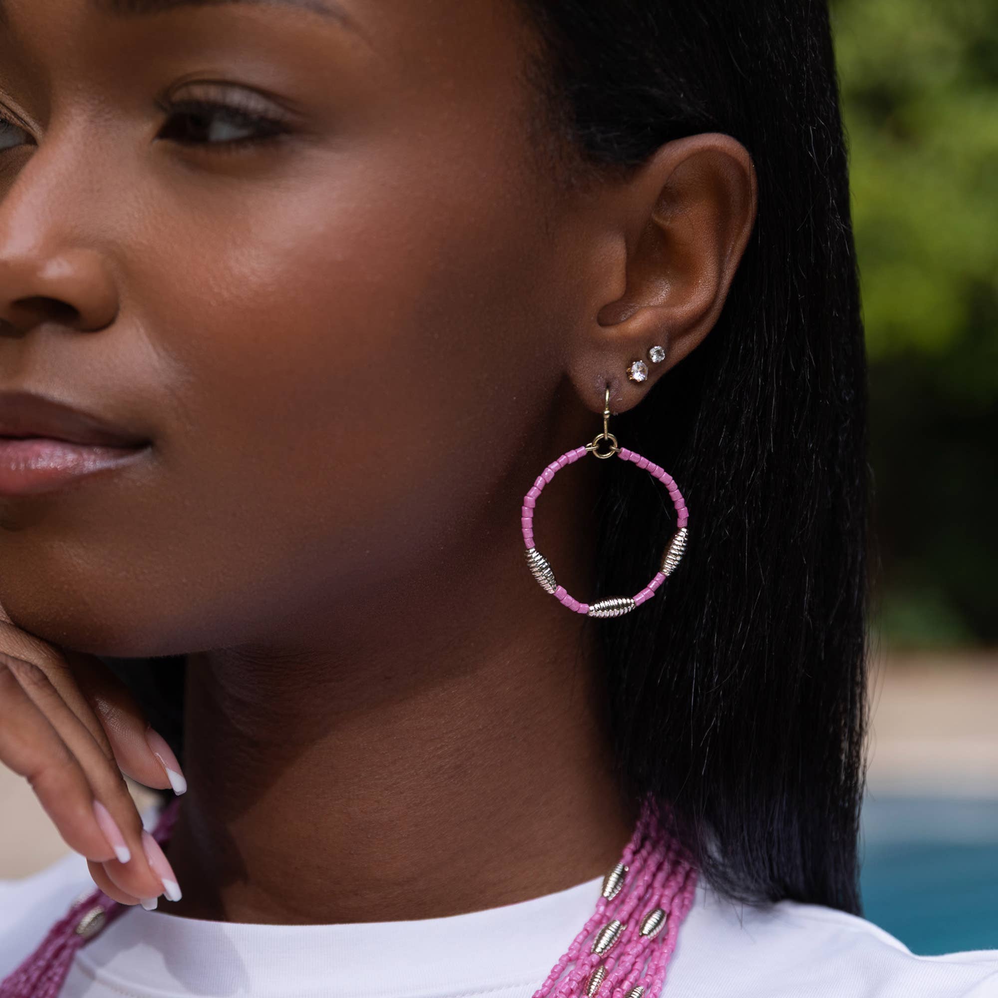 Seed Bead Hoop Earrings - Pink
