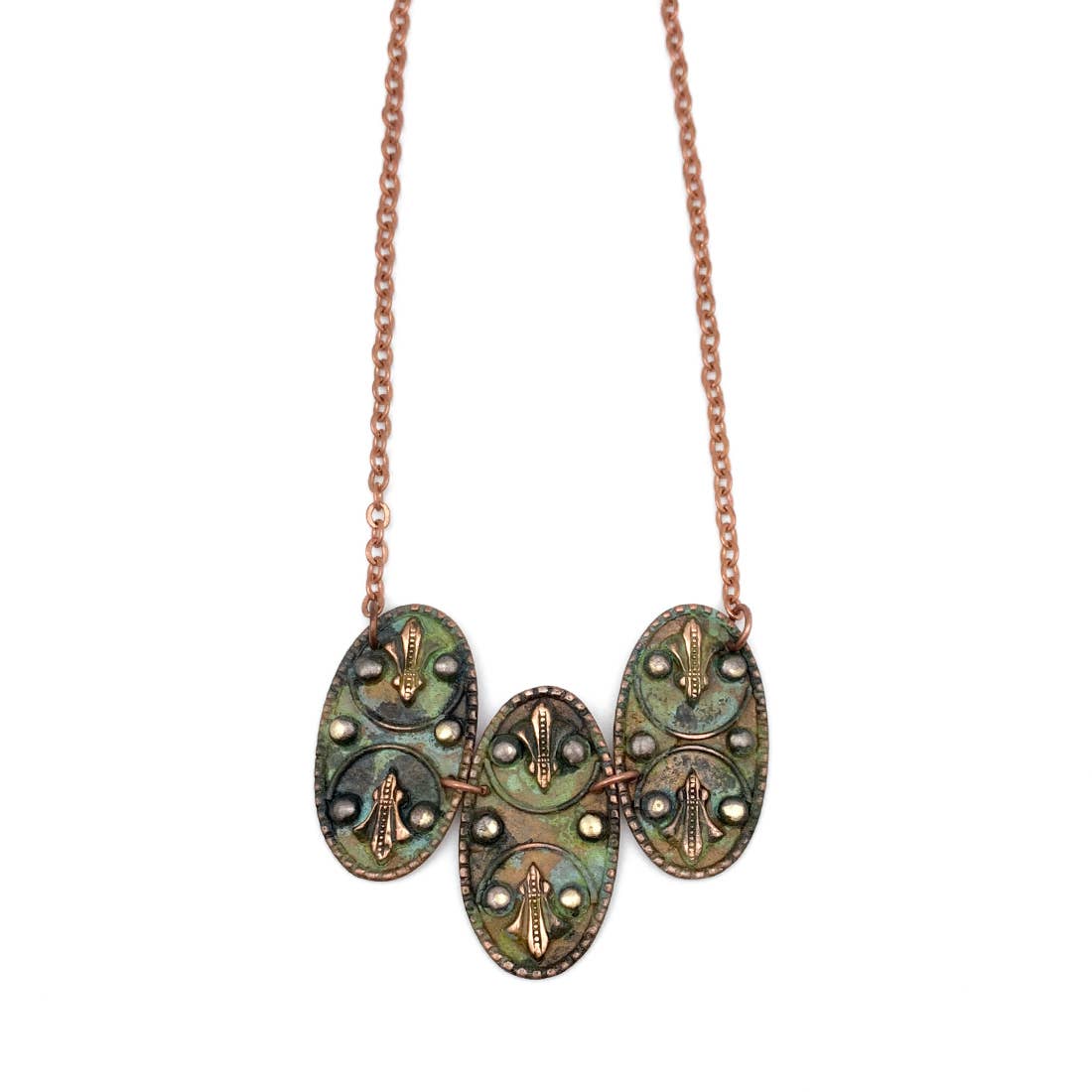 Copper Patina Necklace - Three Mirrored Filigree Ovals