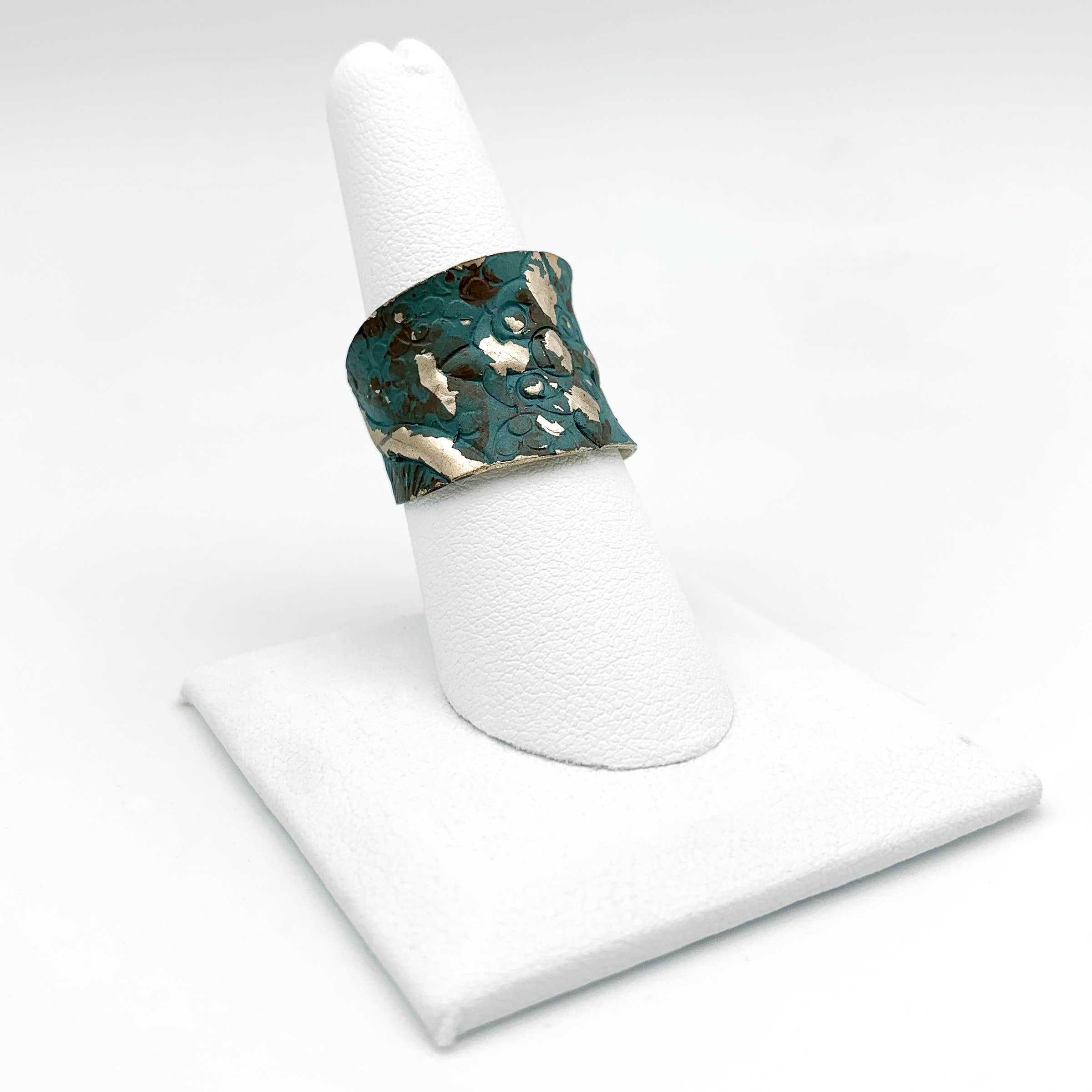 Silver Patina Ring - Teal Cross and Waves