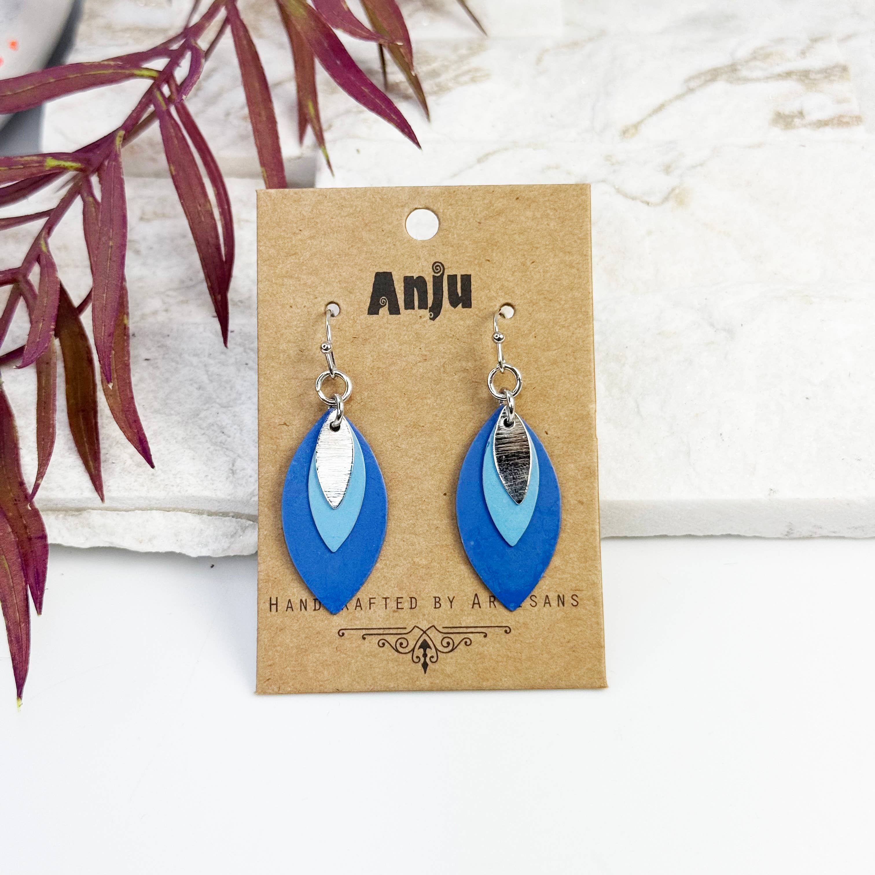 Handcrafted Tonal Blue Patina Layered Leaf Earrings