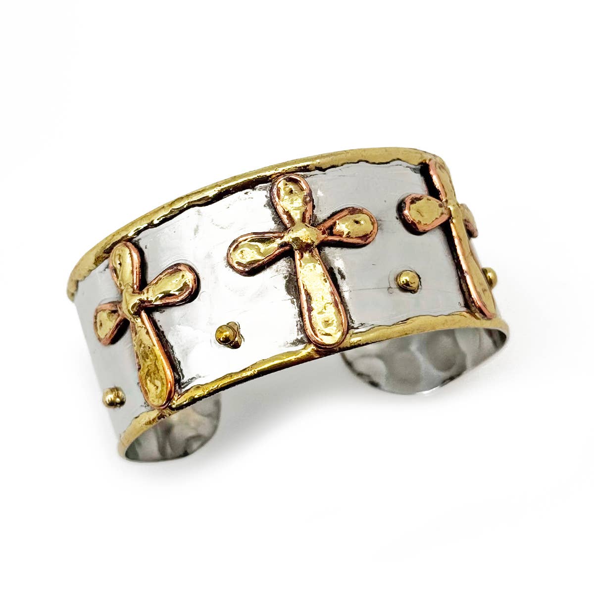 Handcrafted Mixed Metal Cuff - Three Crosses