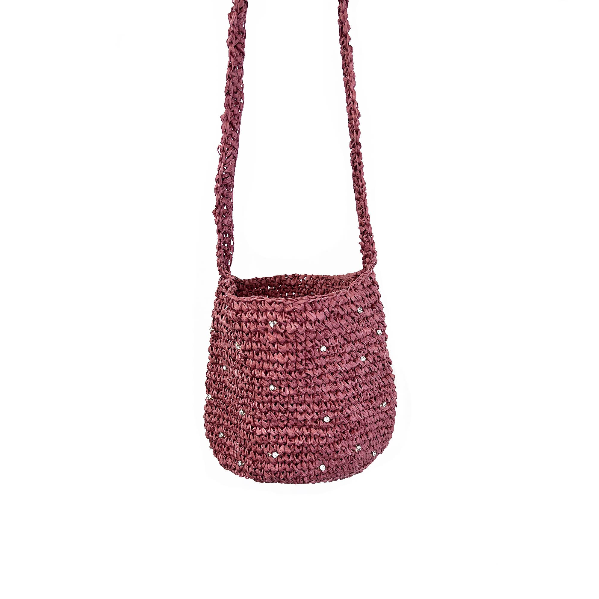 Sylvie Bag - Raffia Bucket Bag with Rhinestones - Pink