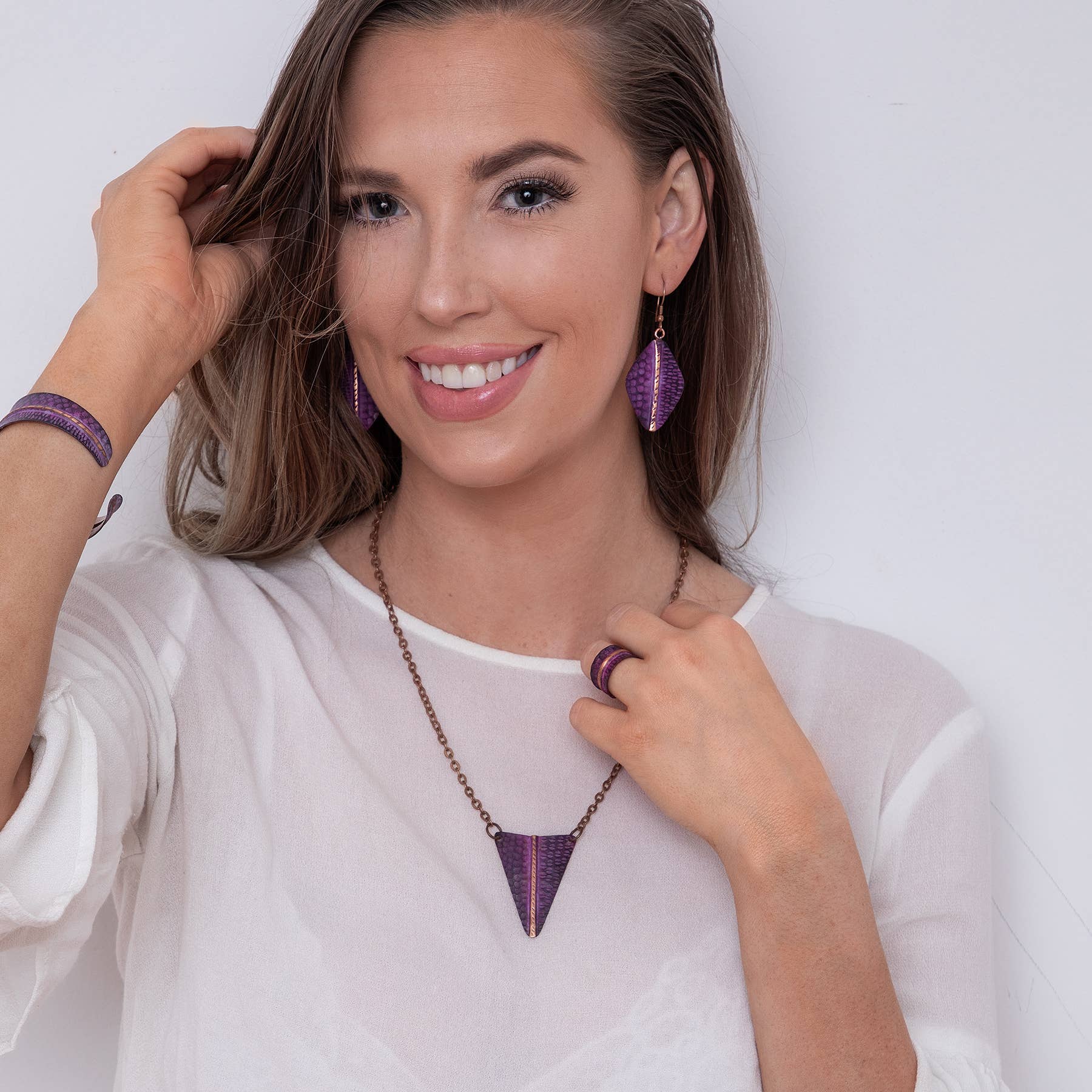 Copper Patina Necklace -  Half Circles Triangle Pendant