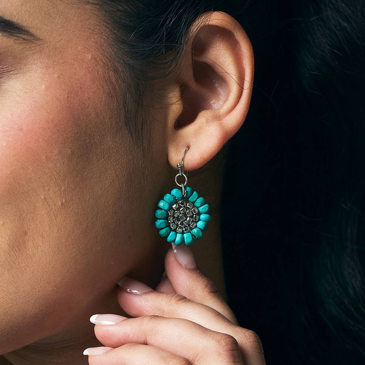 Sachi Wood Bead Flower Earrings - Turquoise