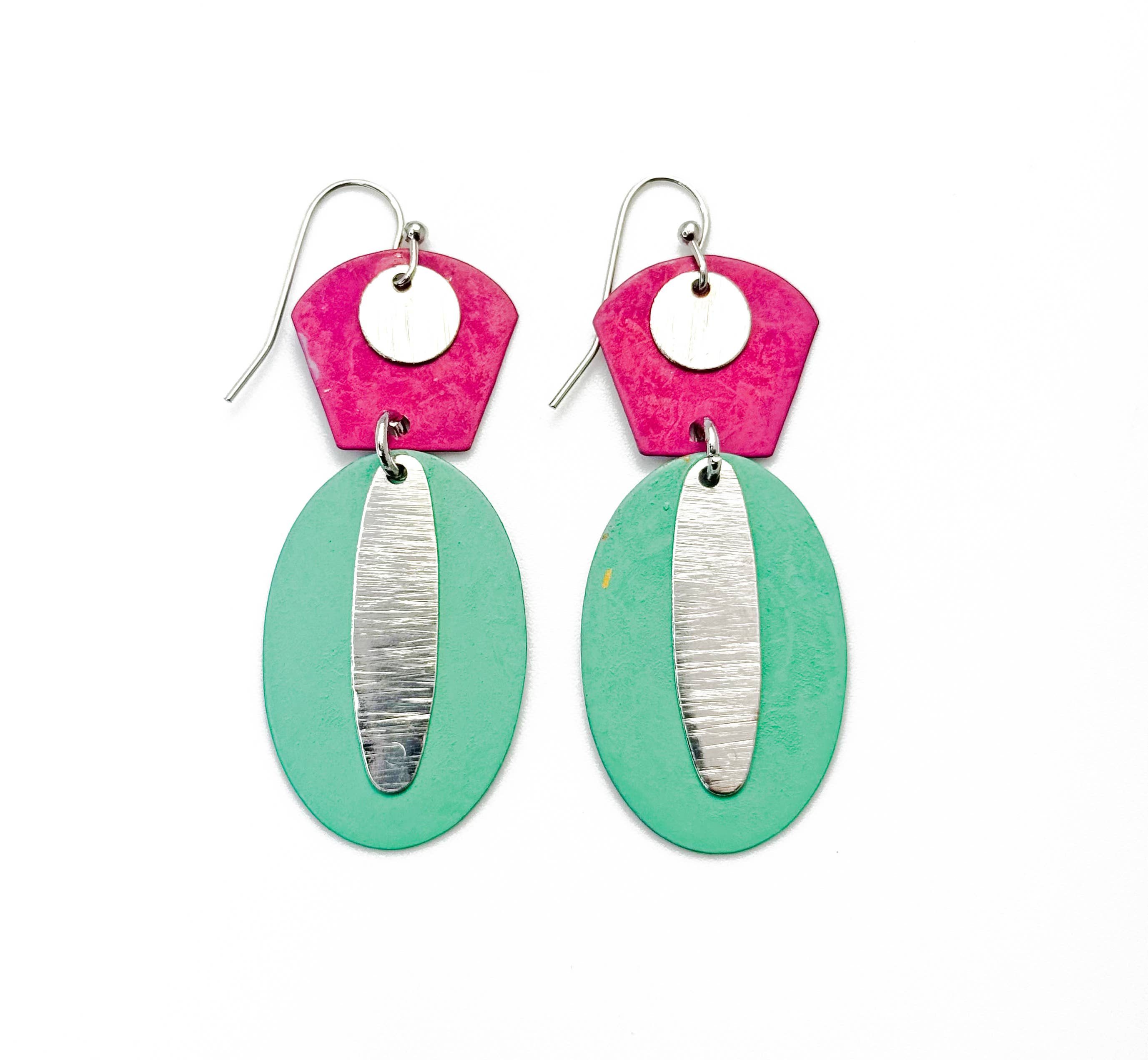 Handcrafted Fuchsia & Green Patina Geometric Drop Earrings