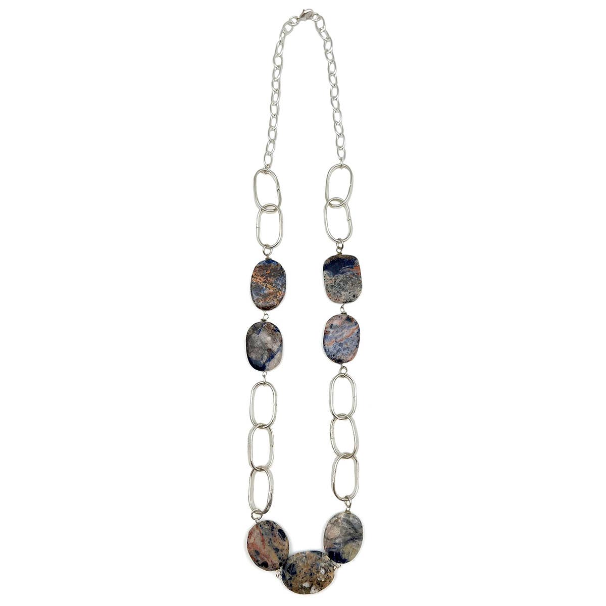 Silver-Plated Long Necklace With Sodalite Stones