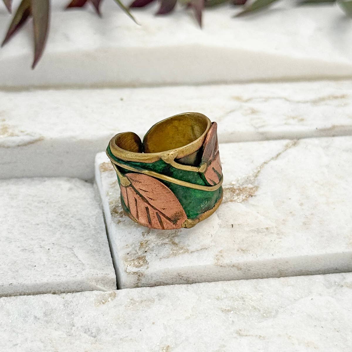 Handcrafted Green & Copper Vine Leaf Brass Patina Ring