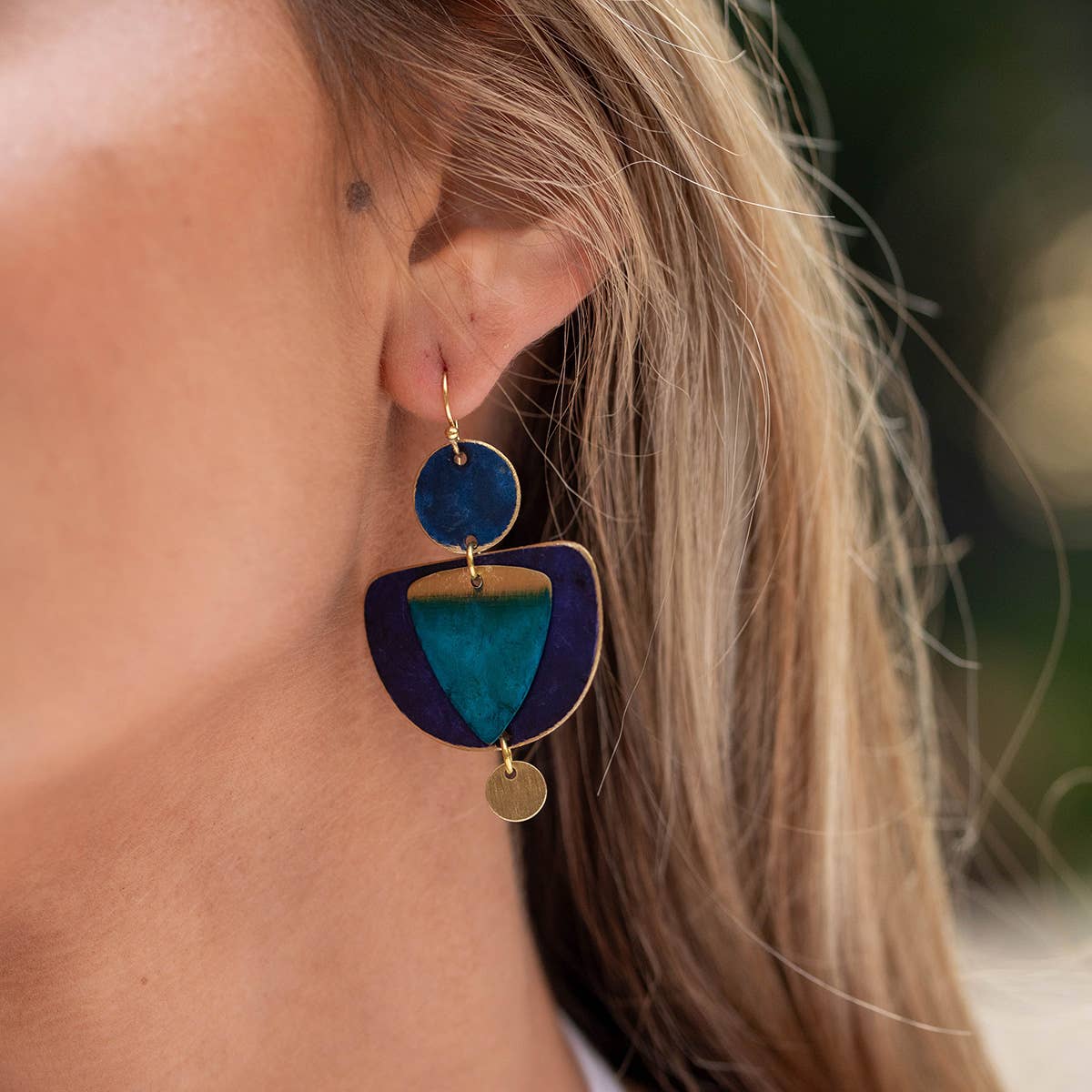 Brass Patina Earrings - Blue Layered Hues