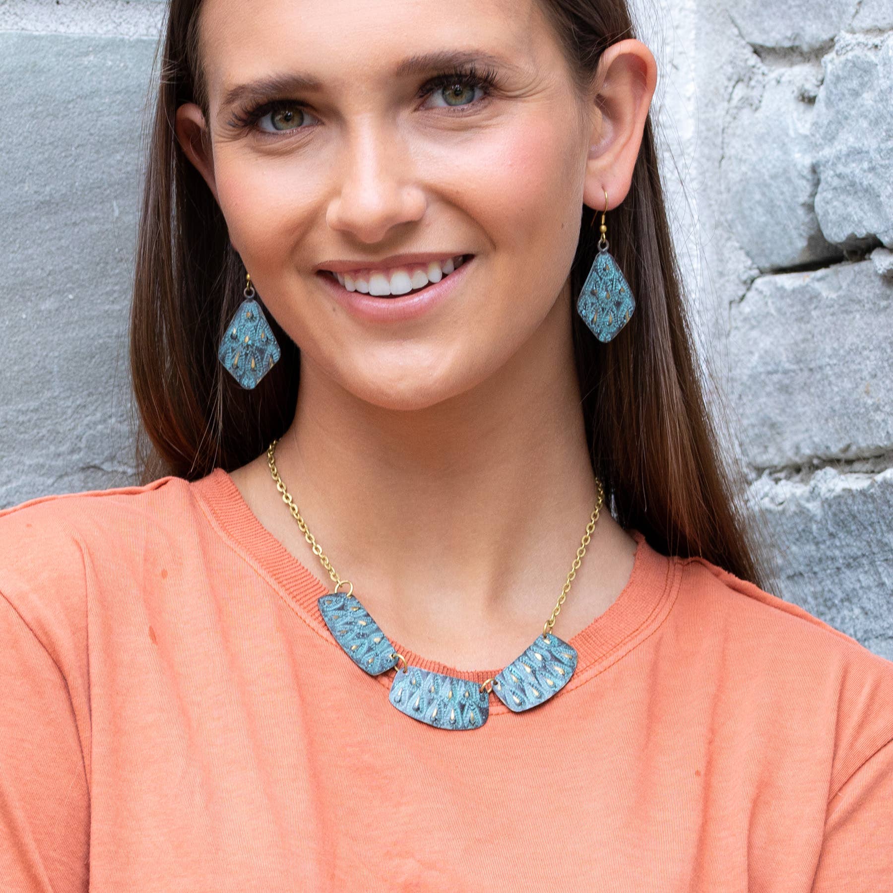 Brass Patina Necklace - Aqua on Brown Teardrops and Dots Bib