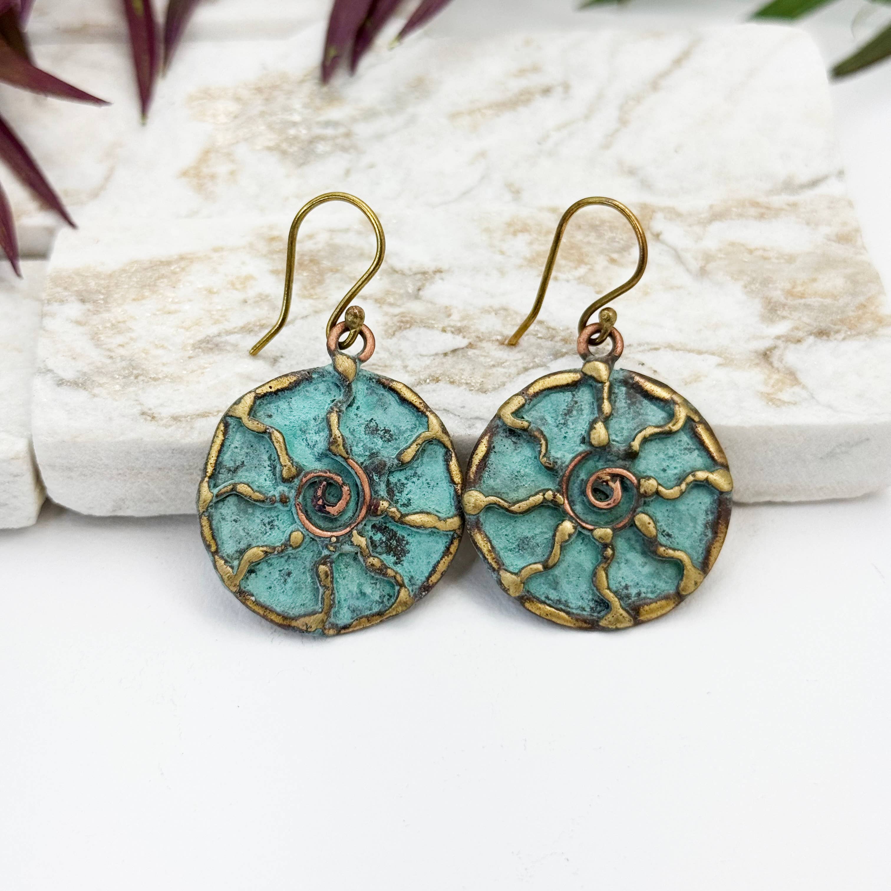 Handcrafted Verdigris Spiral Sun Brass Patina Earrings