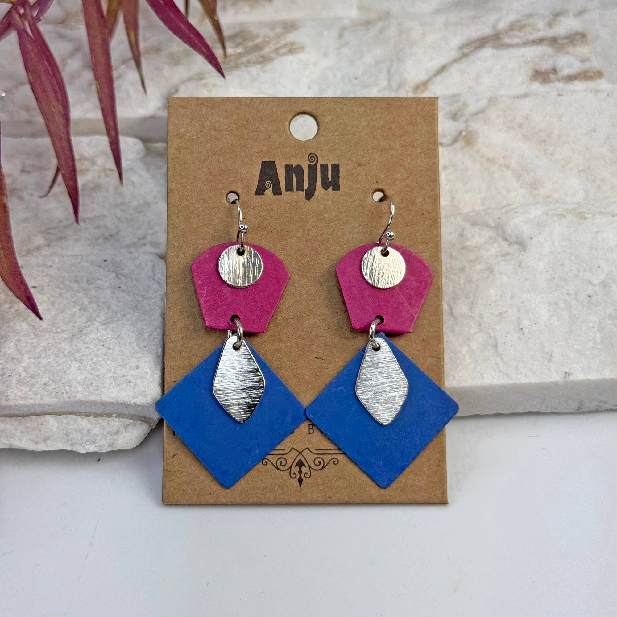Handcrafted Fuchsia & Blue Patina Geometric Drop Earrings