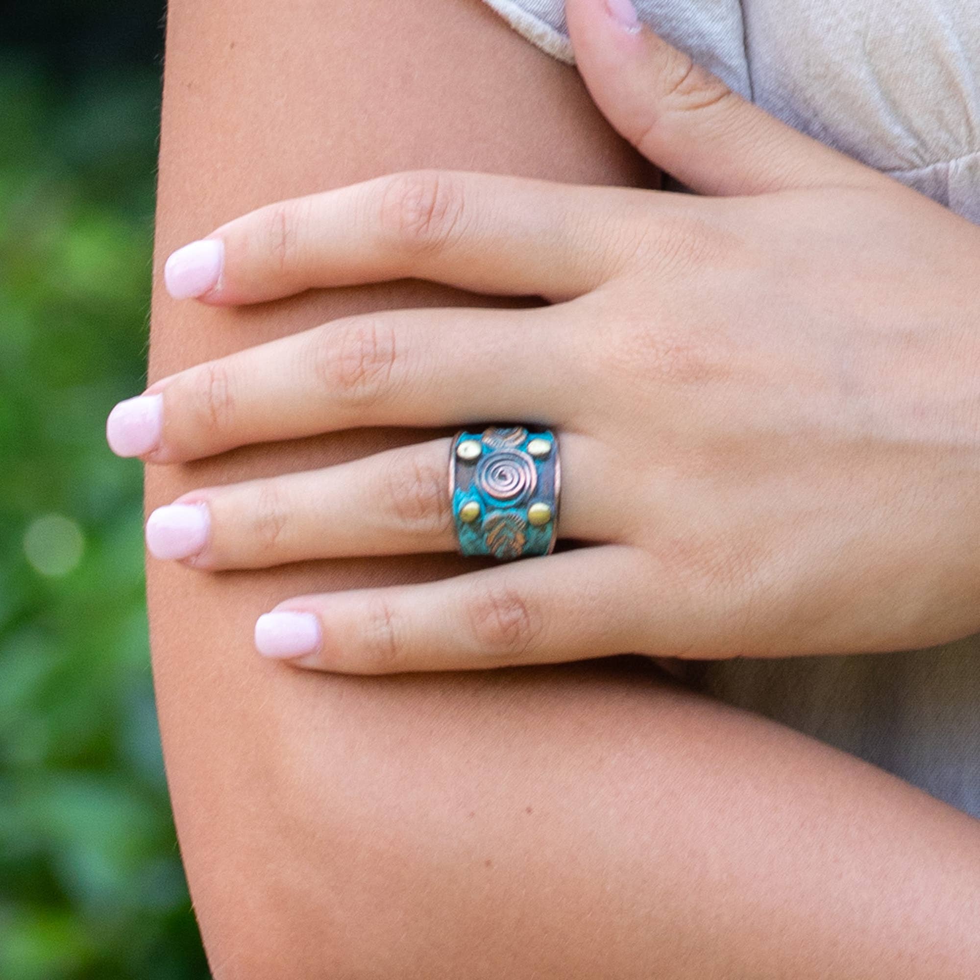 Copper Patina Ring - Teal With Center Spiral