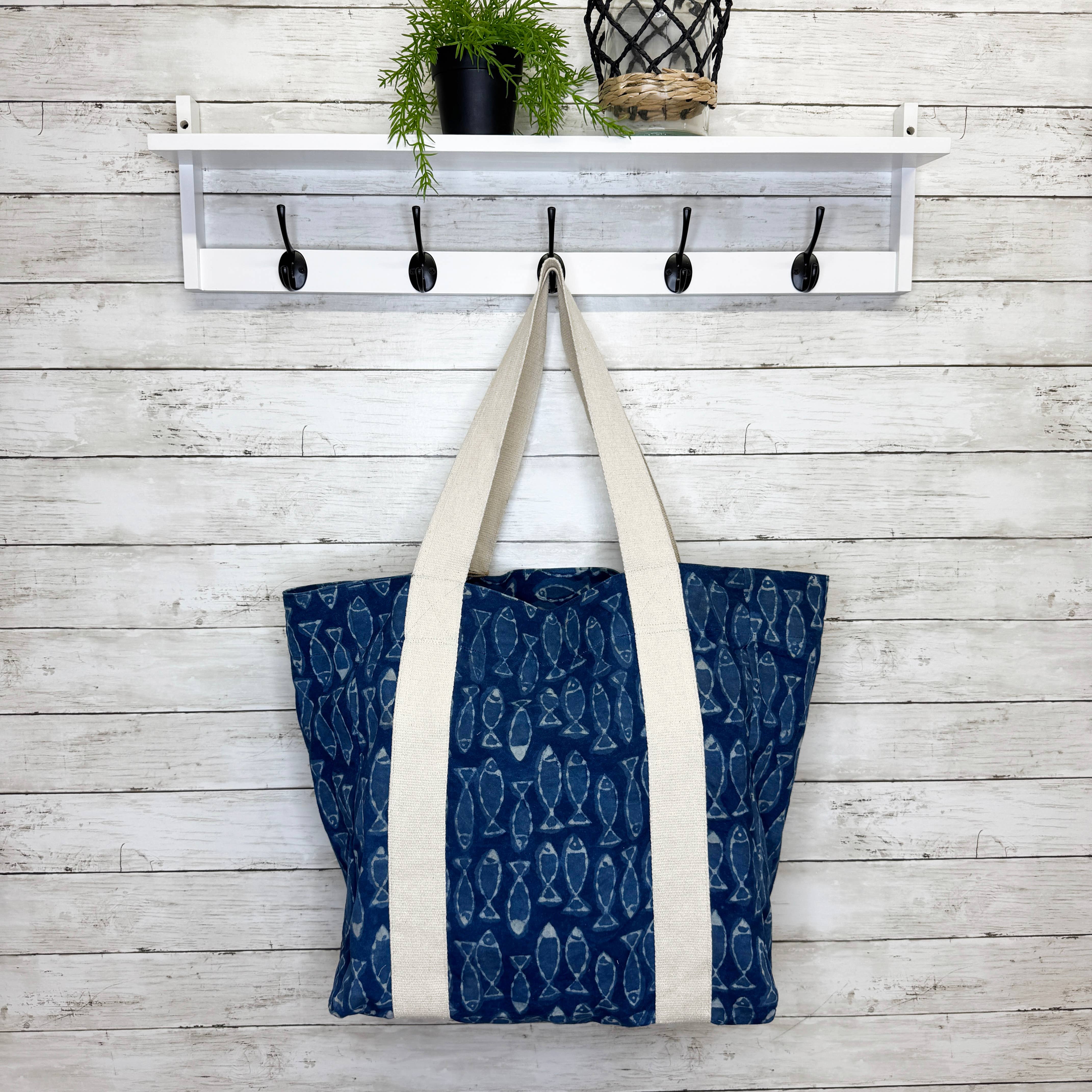 Handcrafted Canvas Bag with Block-Printed Deep Blue Fish