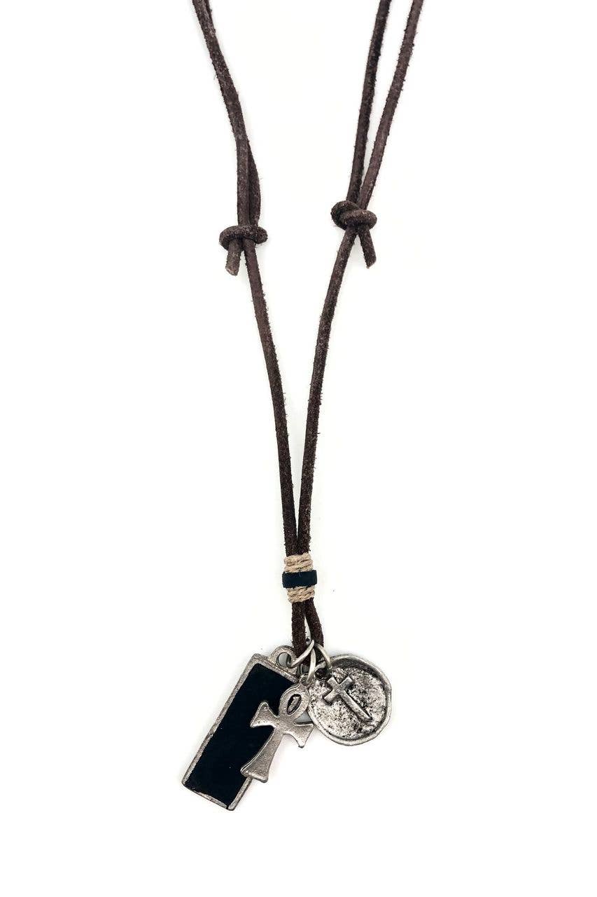 Aadi Ankh, Cross, & Leather Rectangle Charms Men's Necklace