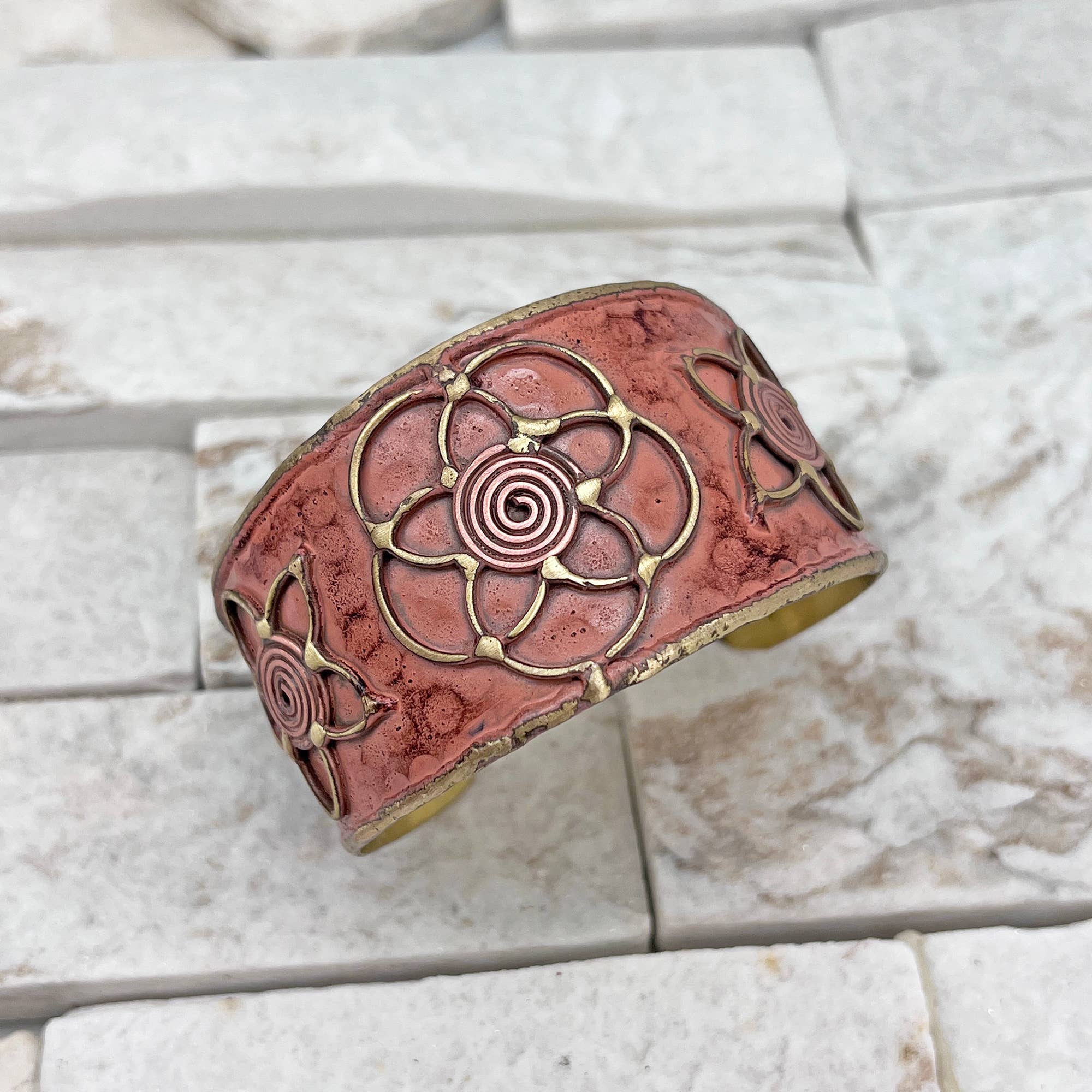 Brass Patina Cuff Bracelet - Peach Lotus
