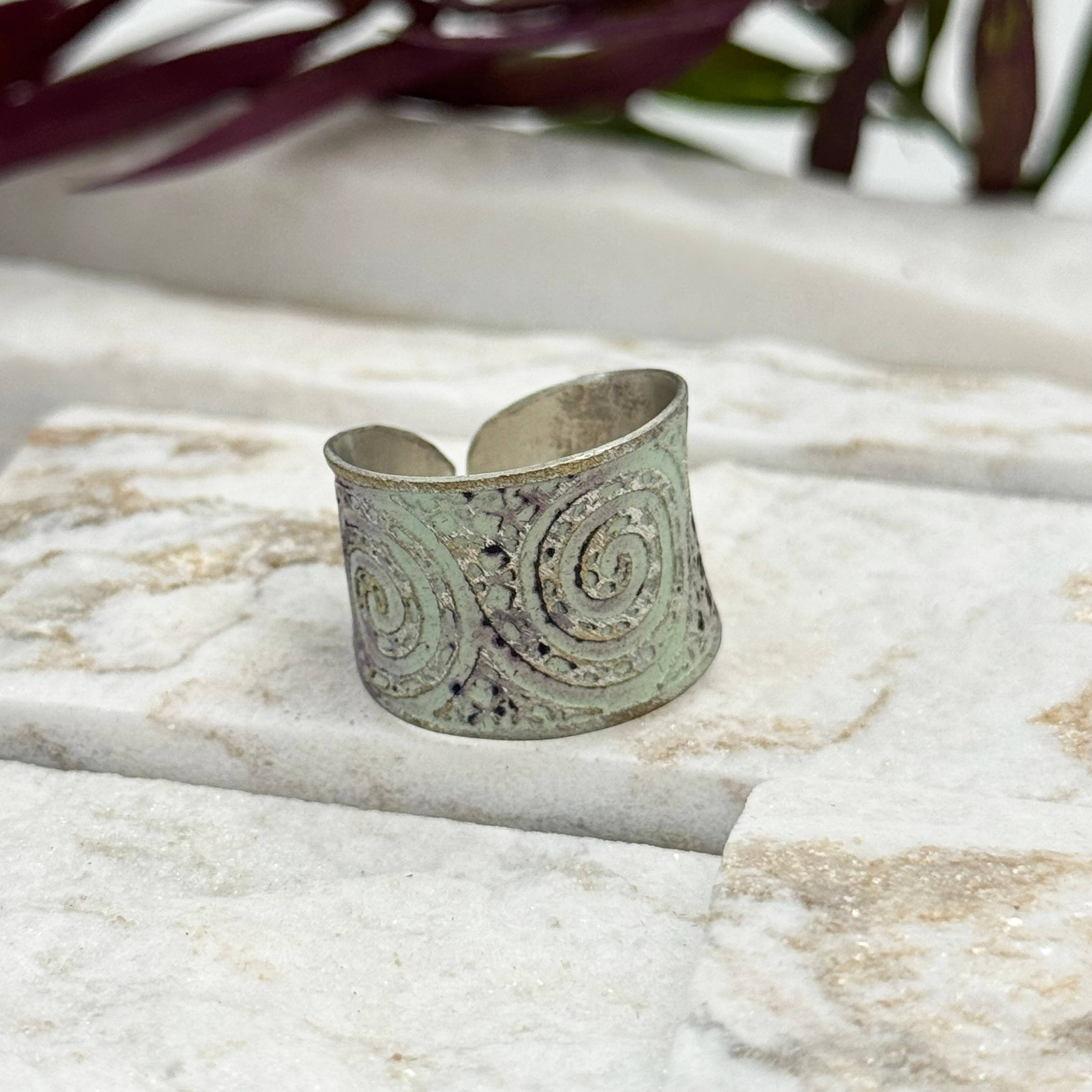 Handcrafted Silver Patina Teal Spiral Ring