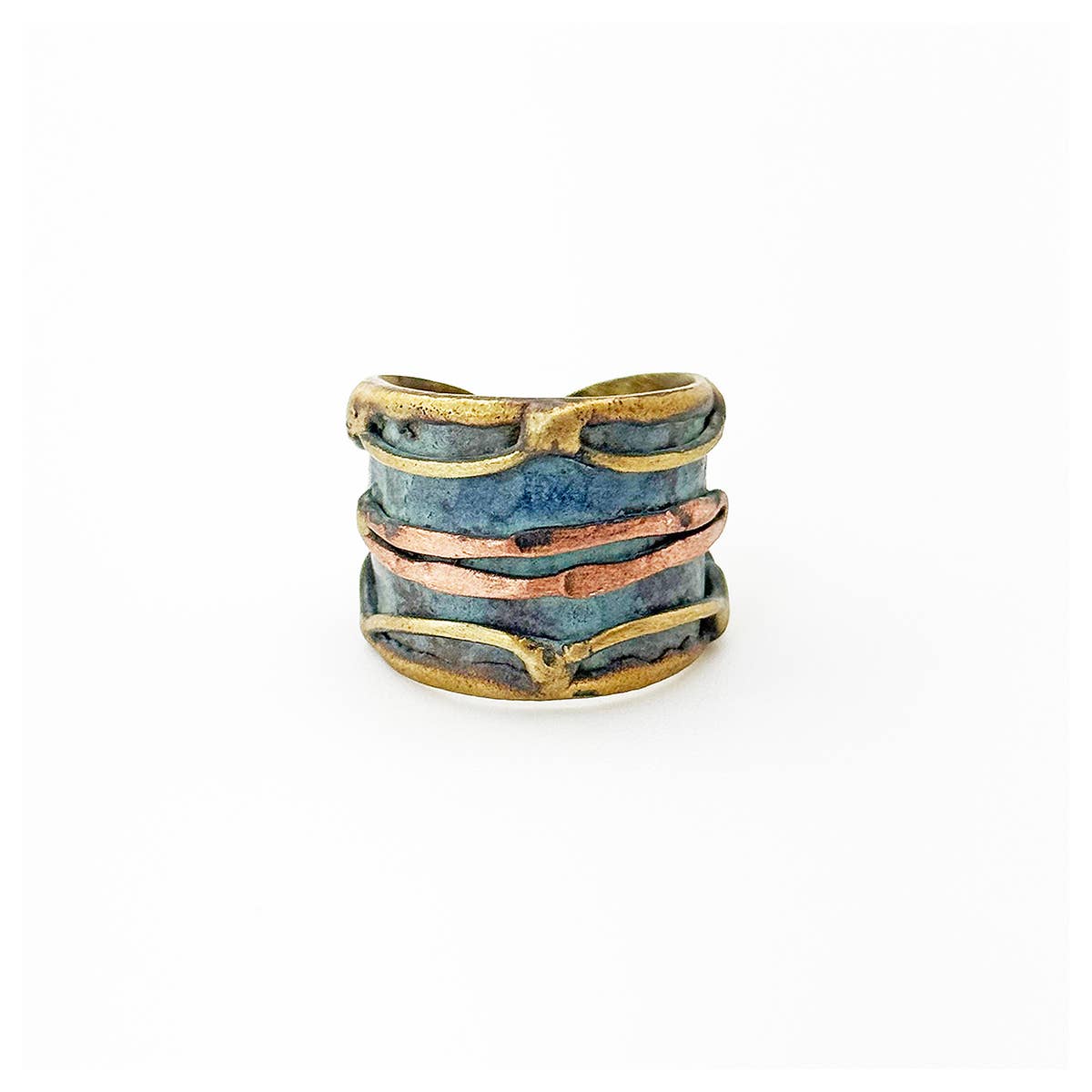 Handcrafted Rustic Blue & Copper Wave Brass Patina Ring