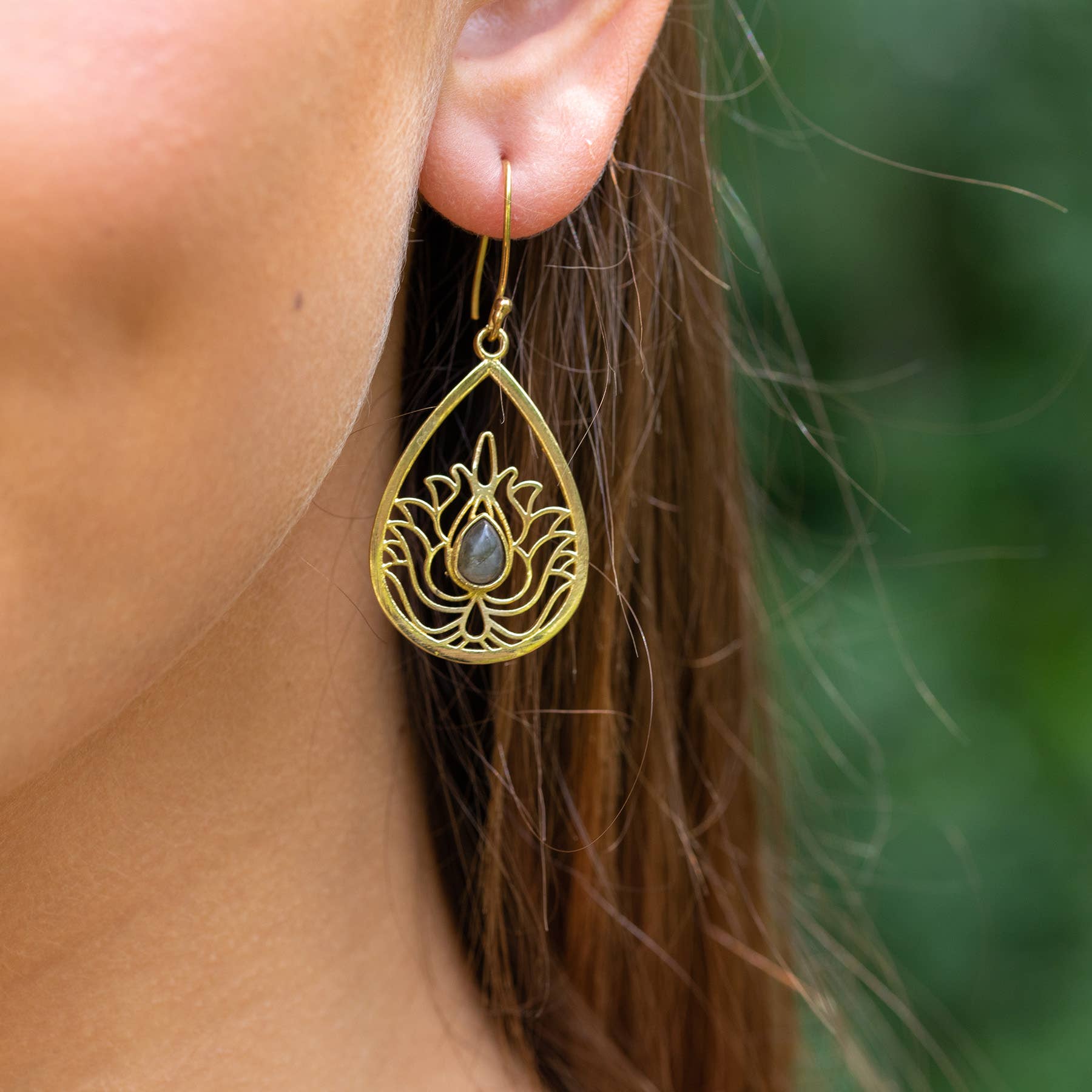 Tanvi Gold-Plated & Labradorite Earrings - Lotus in Teardrop