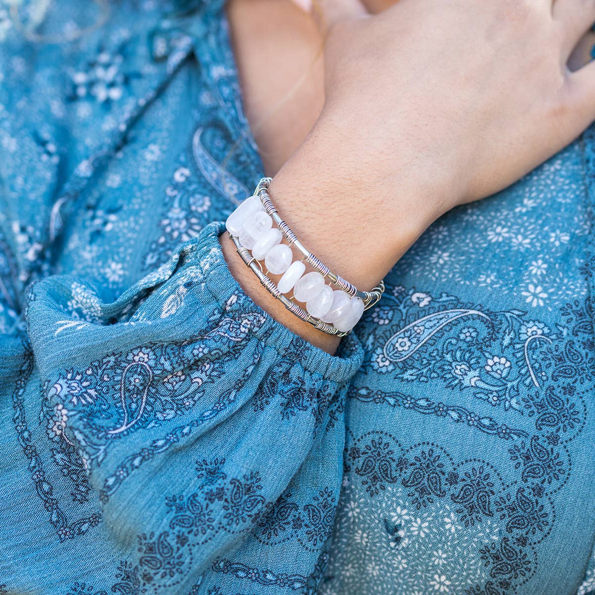 Wire-Wrapped Stone Cuff - Antique Silver with Rose Quartz