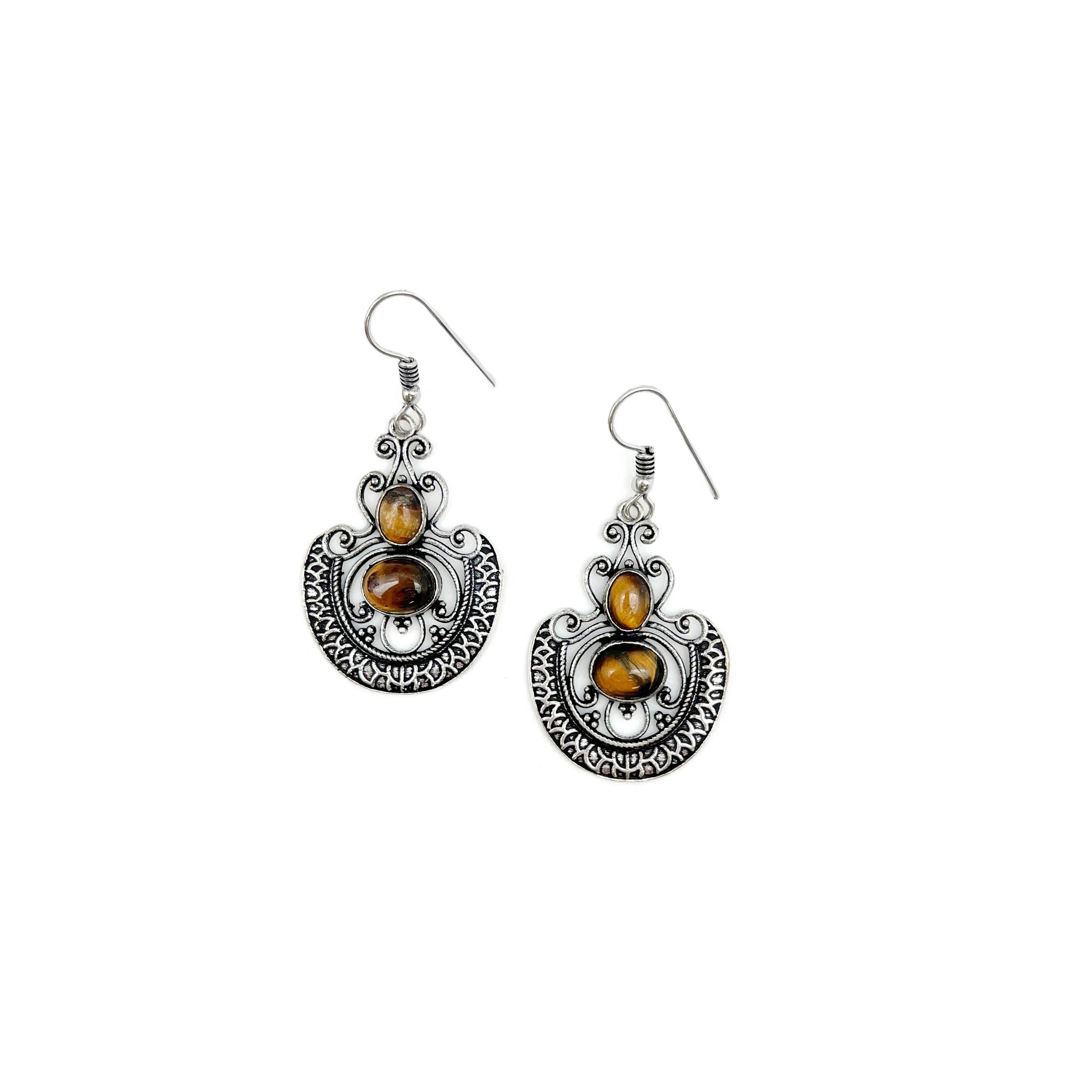 Tanvi Collection Earrings - Silver Chandelier with Tigerseye