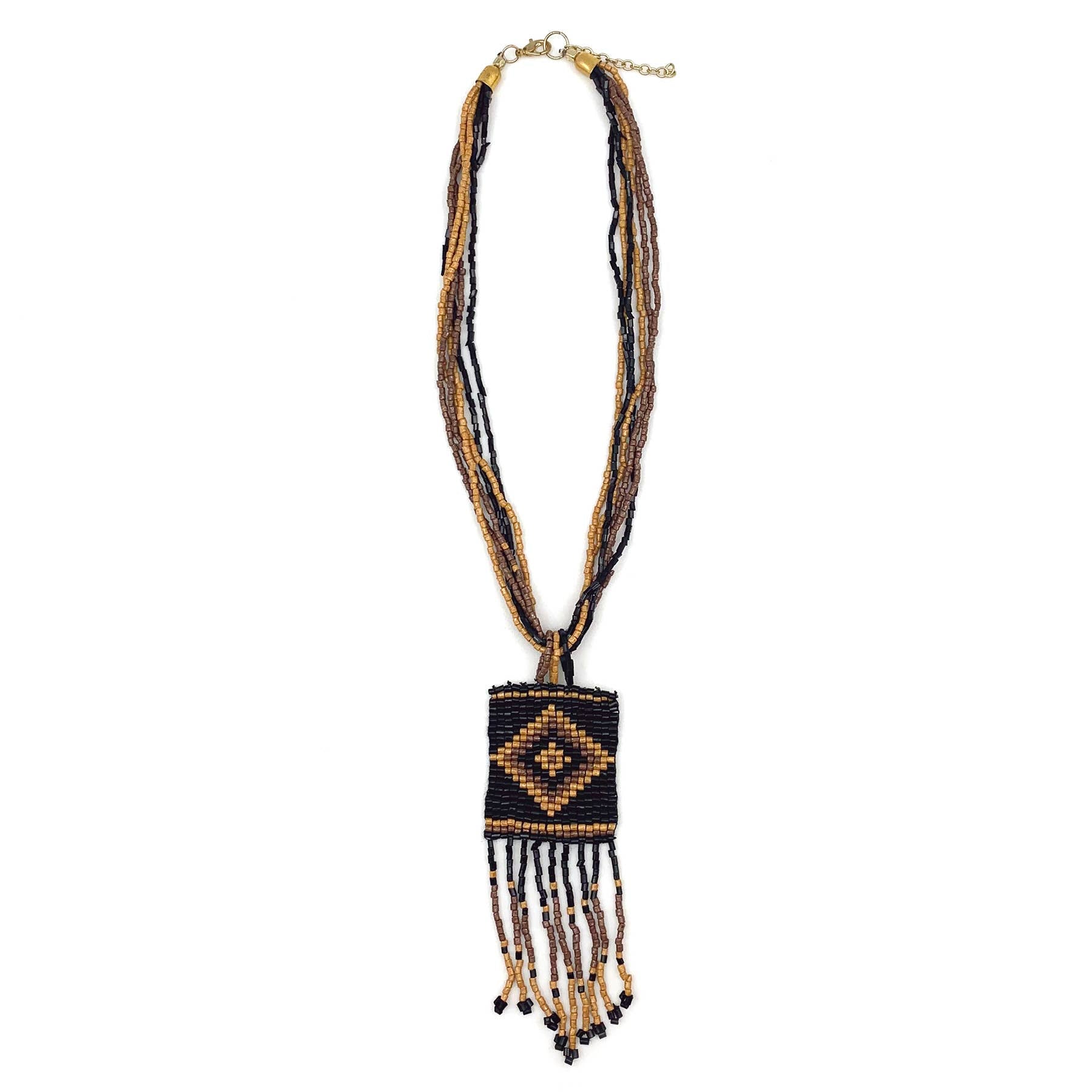 Sachi Beaded Safari Necklace - Brown Square and Bead Fringe