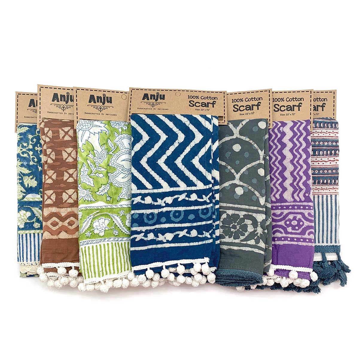 Assorted Scarves Prepack - 12 Block-Printed Cotton Scarves