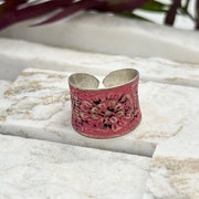 Handcrafted Silver Patina Red Greek Key Ring