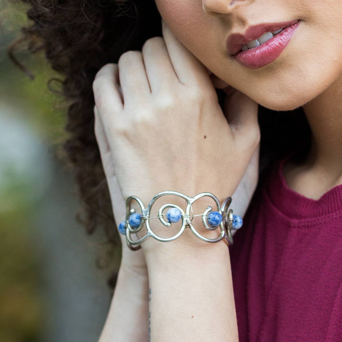 Wire-Wrapped Stone Cuff - Antique Silver with Sodalite