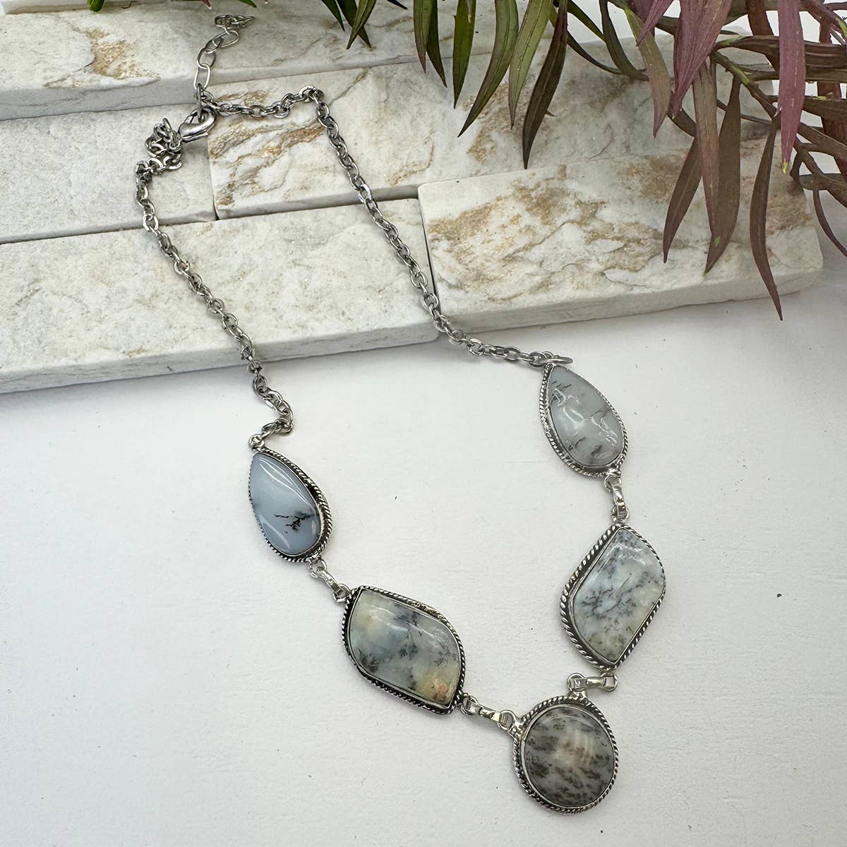 Handcrafted Semiprecious Stone Bib Necklace - Dendritic Opal