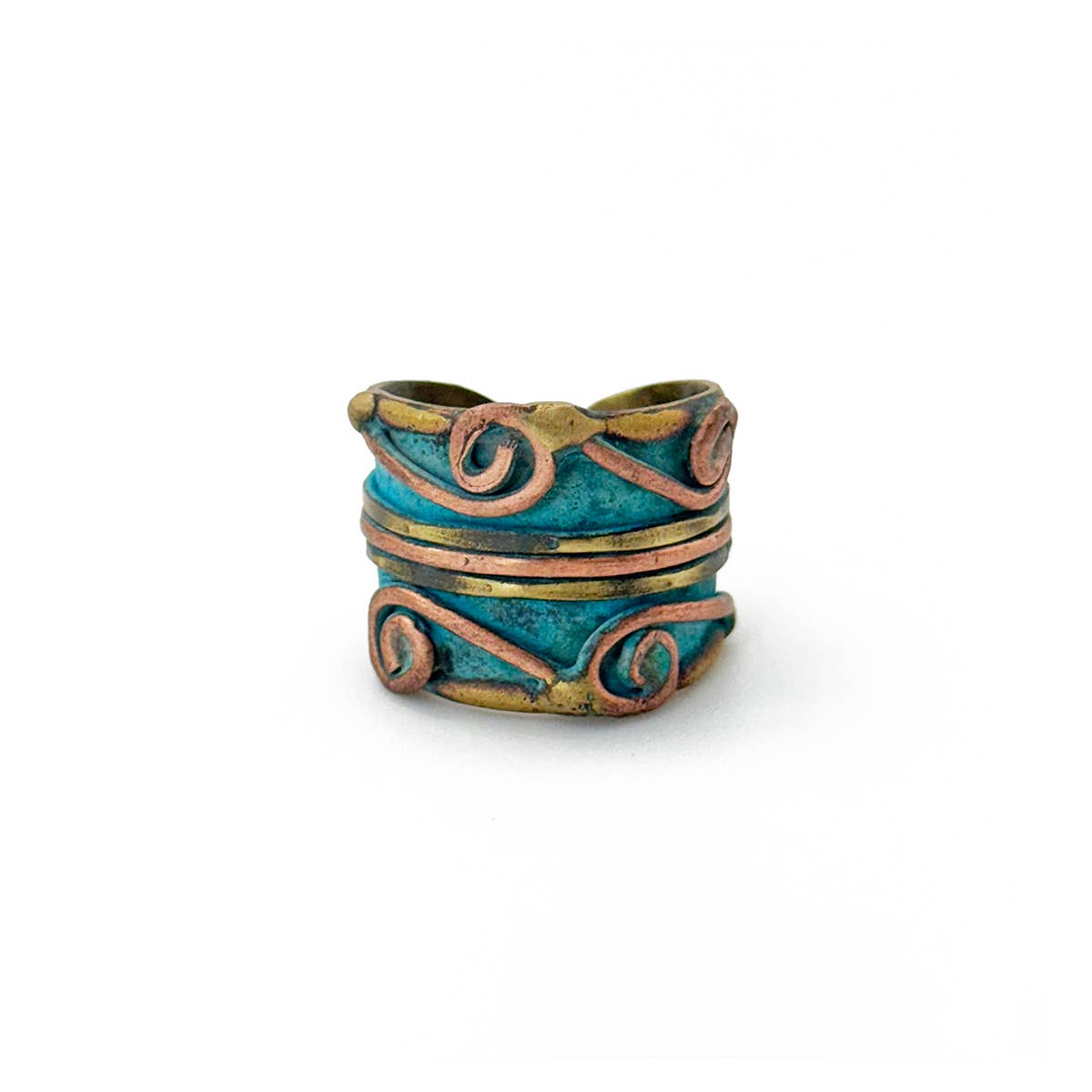 Handcrafted Turquoise & Copper Scrollwork Brass Patina Ring