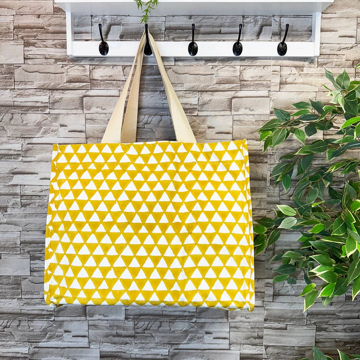 Canvas Bag with Block-Printed Yellow Geometric Pattern