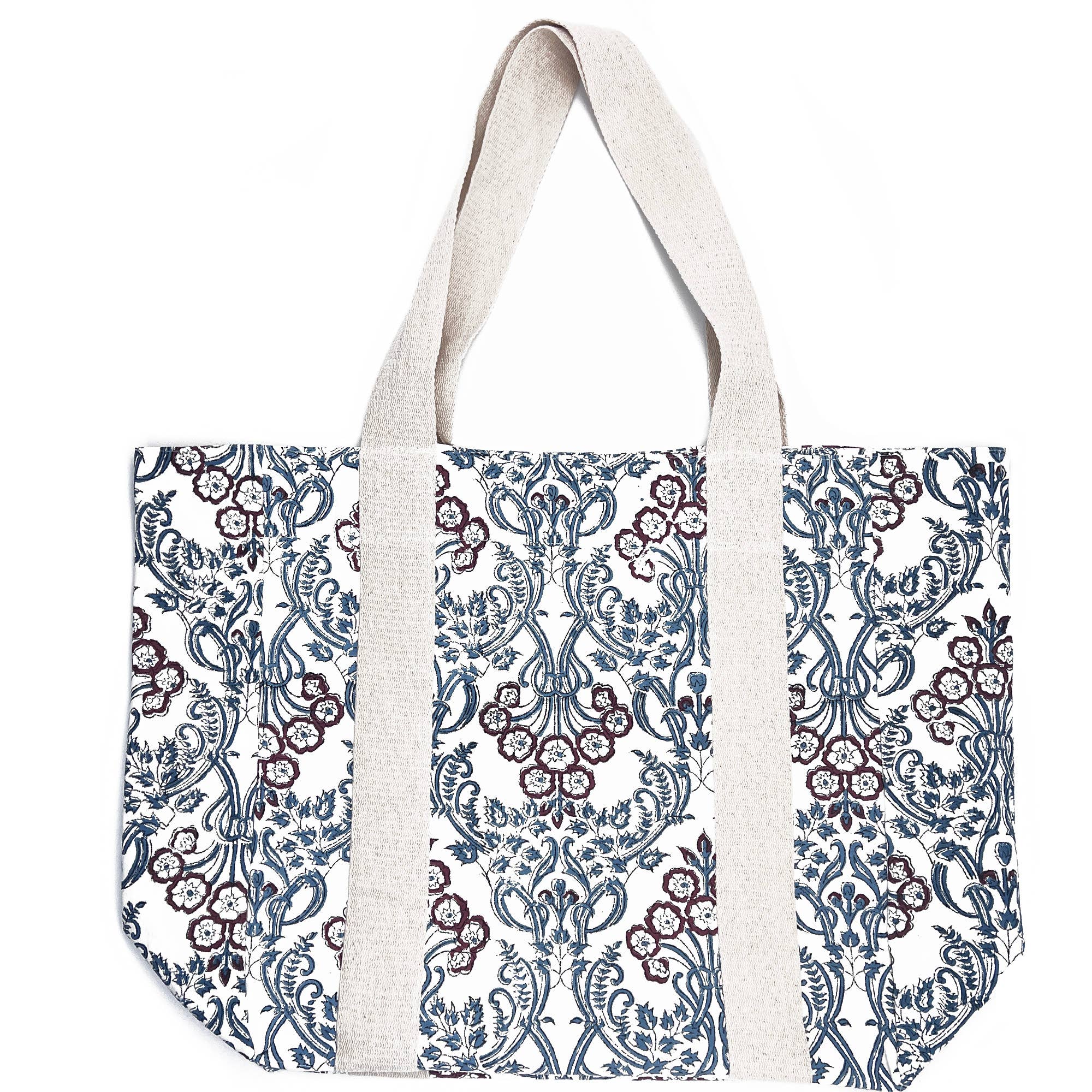 Handcrafted Canvas Bag with Block-Printed Chandelier Flowers