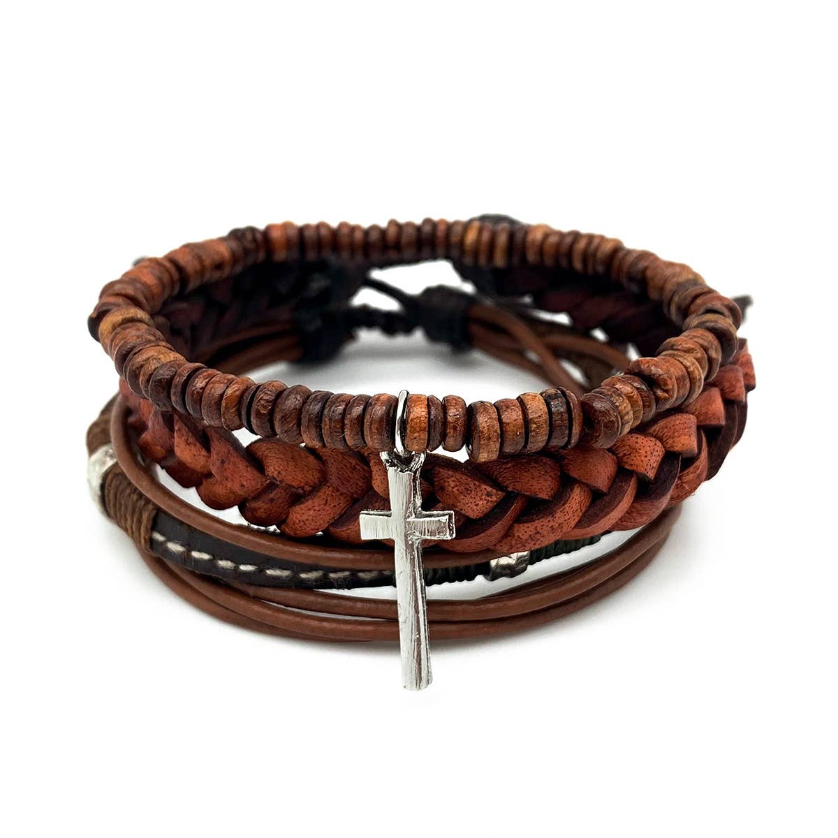 Aadi Brown Beads Mixed Leather Cross Men's Bracelet Set