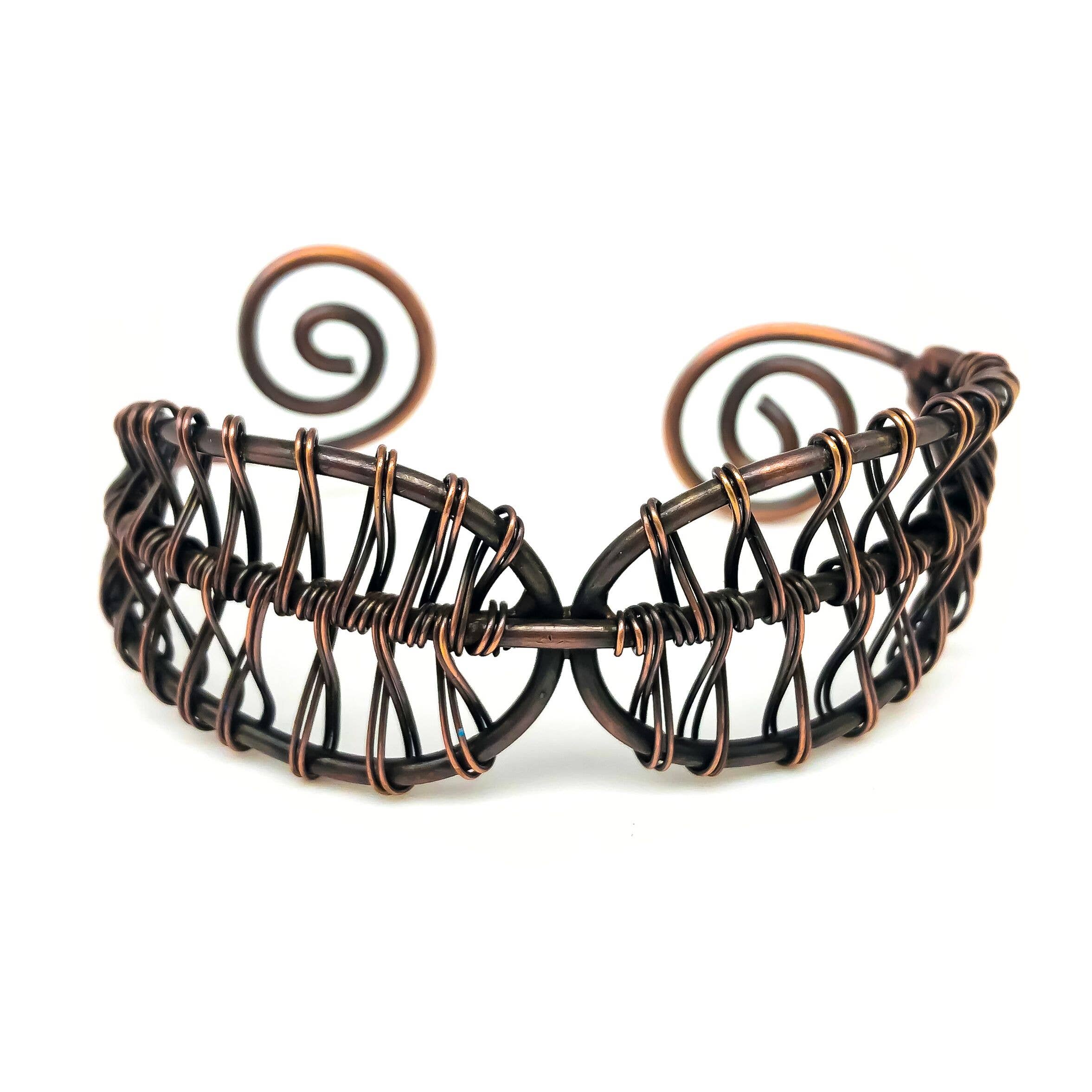 Basketweave Antique Copper Curled Leaves Woven Cuff