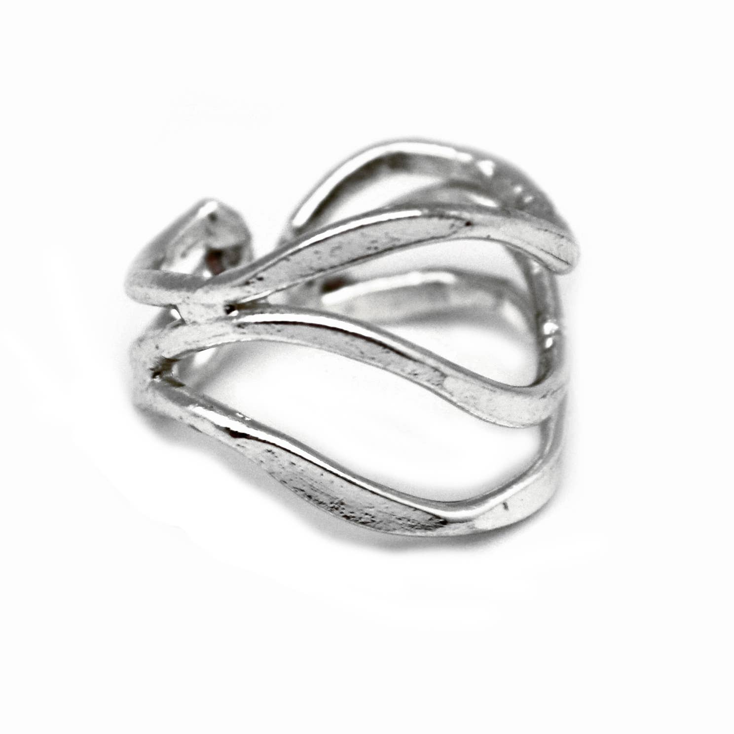 Silver Plated Adjustable Ring - Tapered Curved Lines