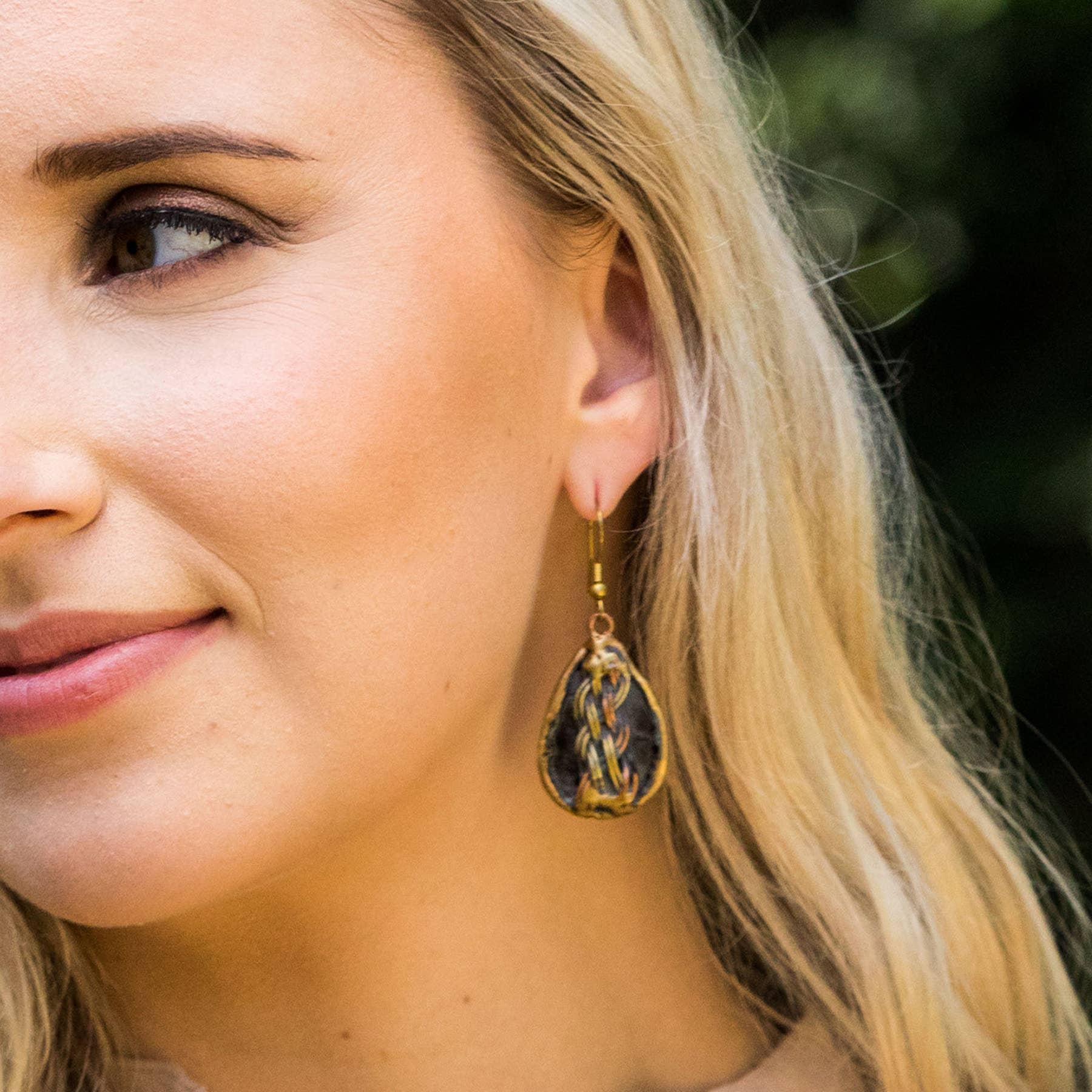 Brass Patina Earrings - Dark Blue with Metal Braid
