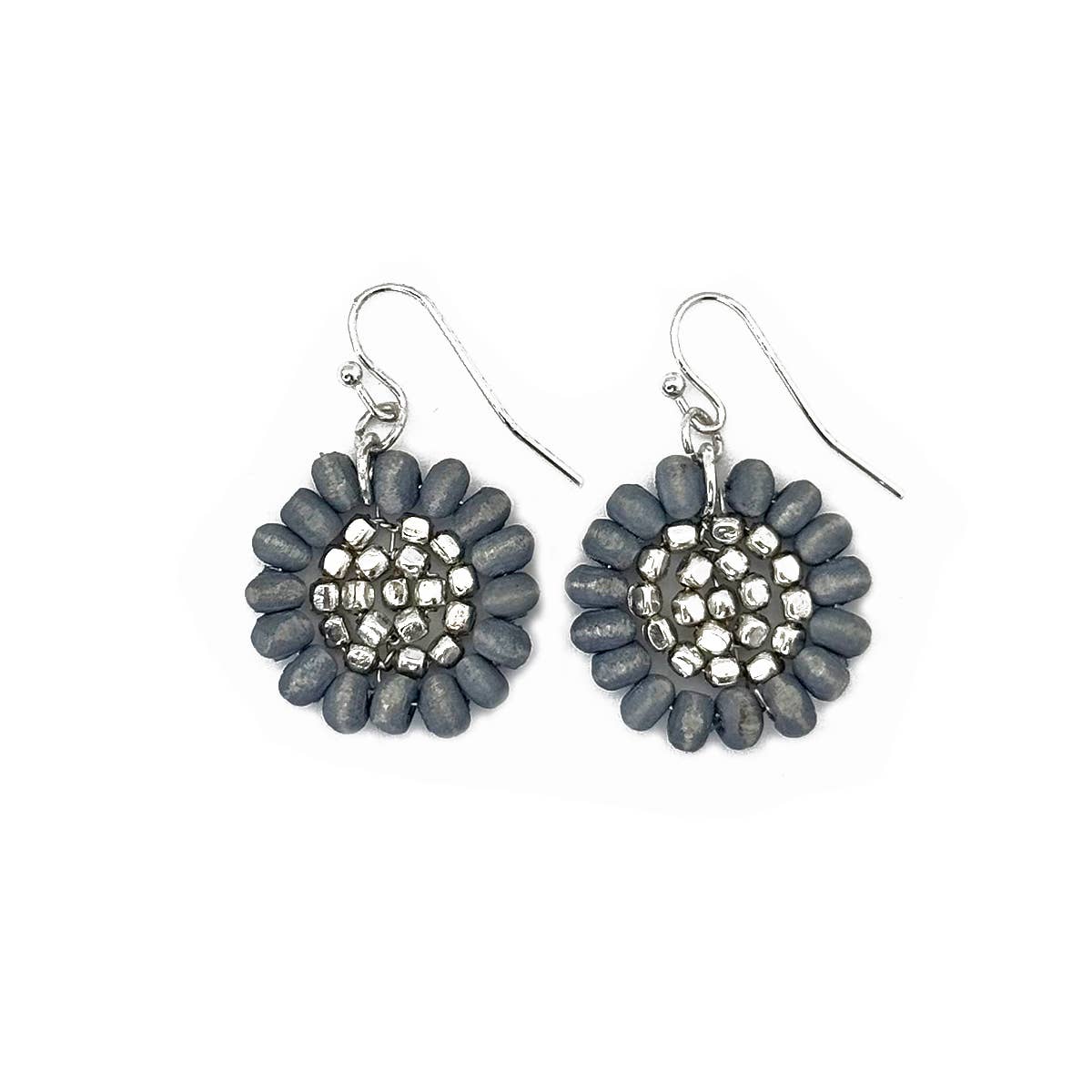Sachi Wood Bead Flower Earrings - Grey