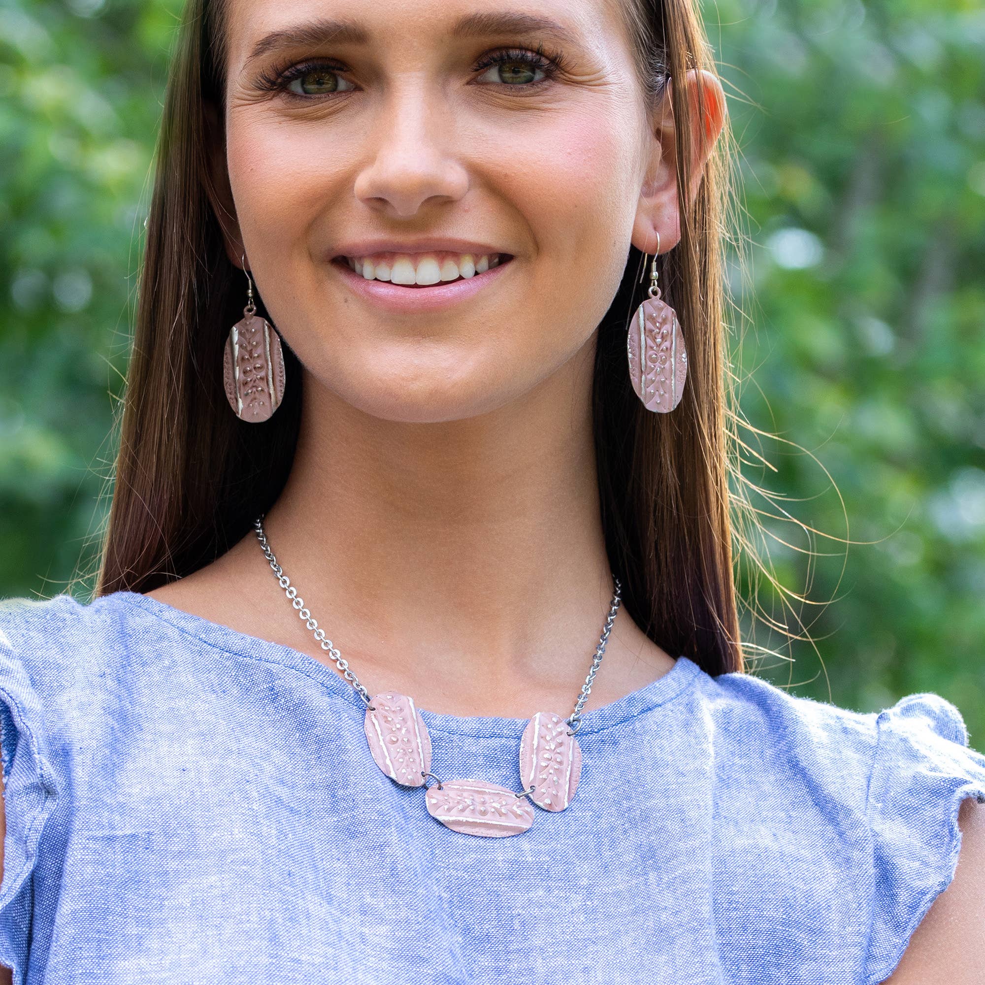 Silver Patina Necklace - Three Dusty Rose Ovals