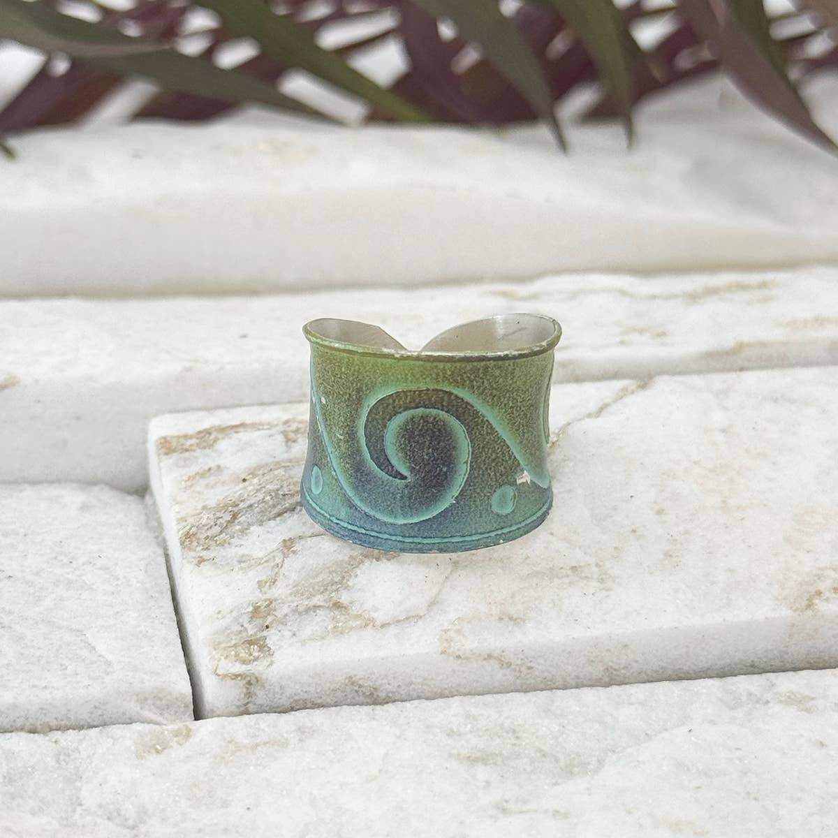 Handcrafted Green & Blue Wave Patina Ring