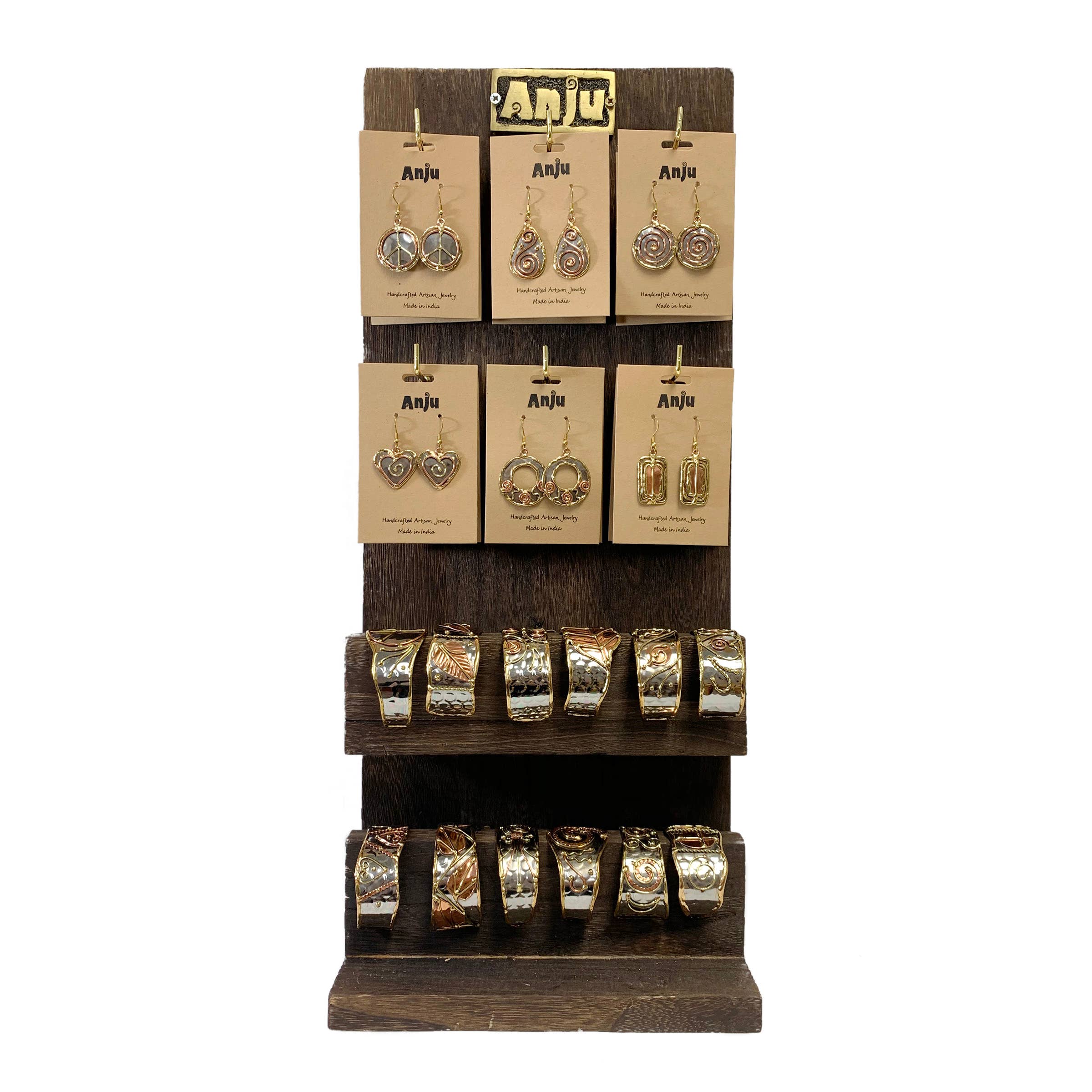 Wooden Cuff and Earring Display - 6 Hooks 2 Bracelet Shelves