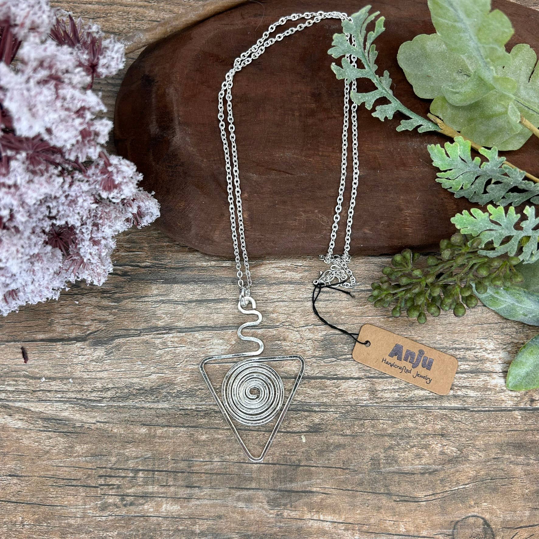 Silver Plated Pendant Necklace - Triangle and Spiral