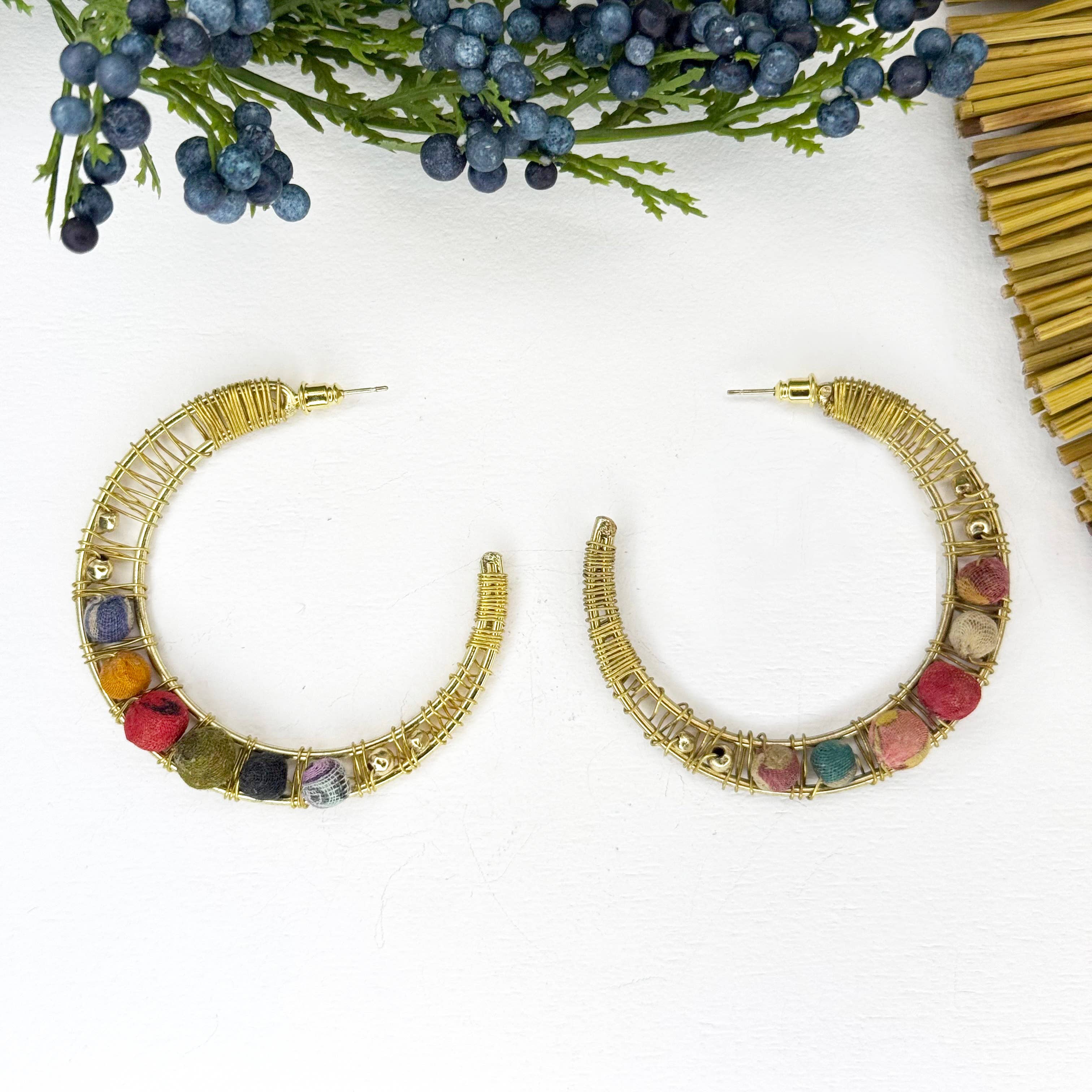 Aasha Large Beaded and Wire Woven Hoop Earrings