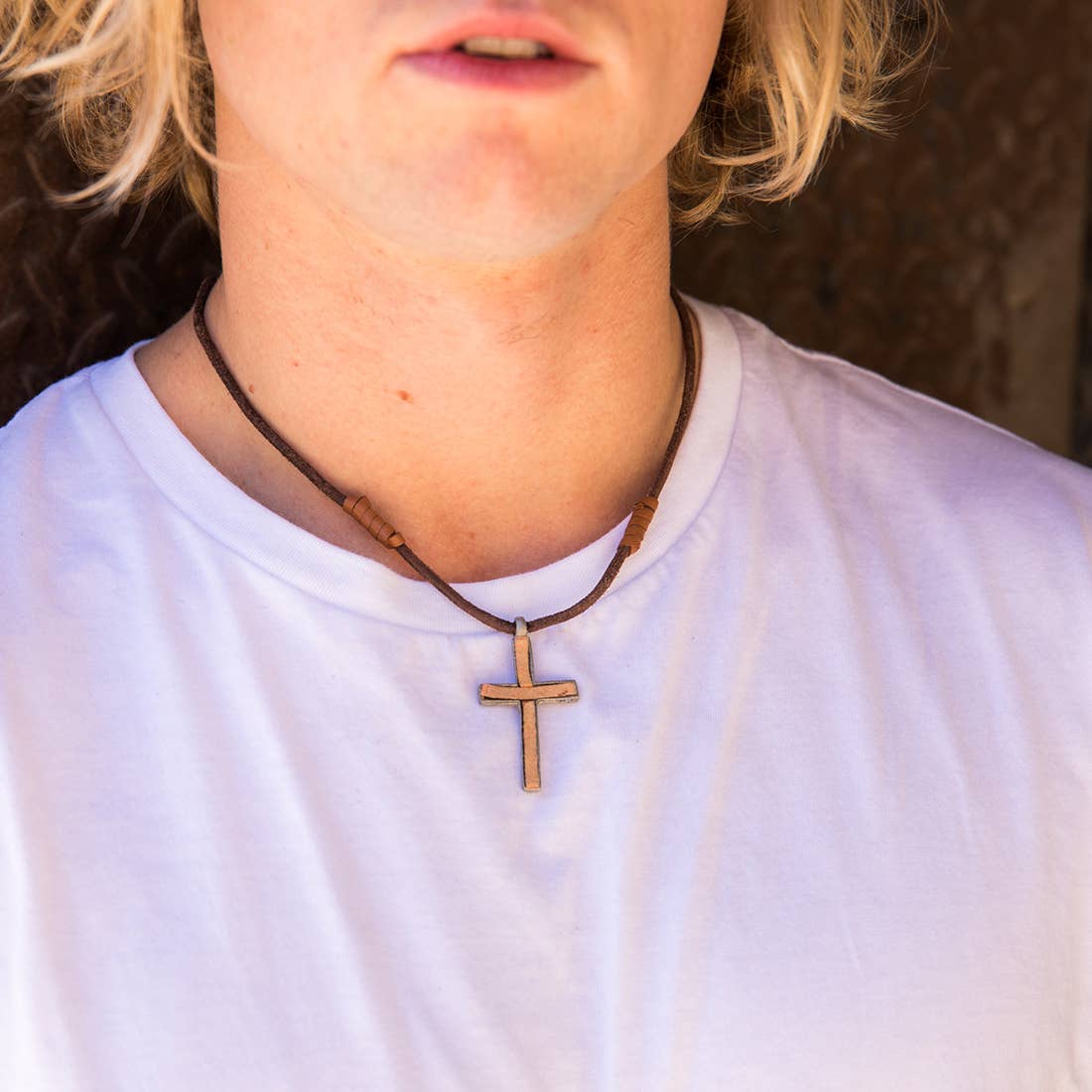 Aadi Simple Silver Cross on Leather Men's Necklace