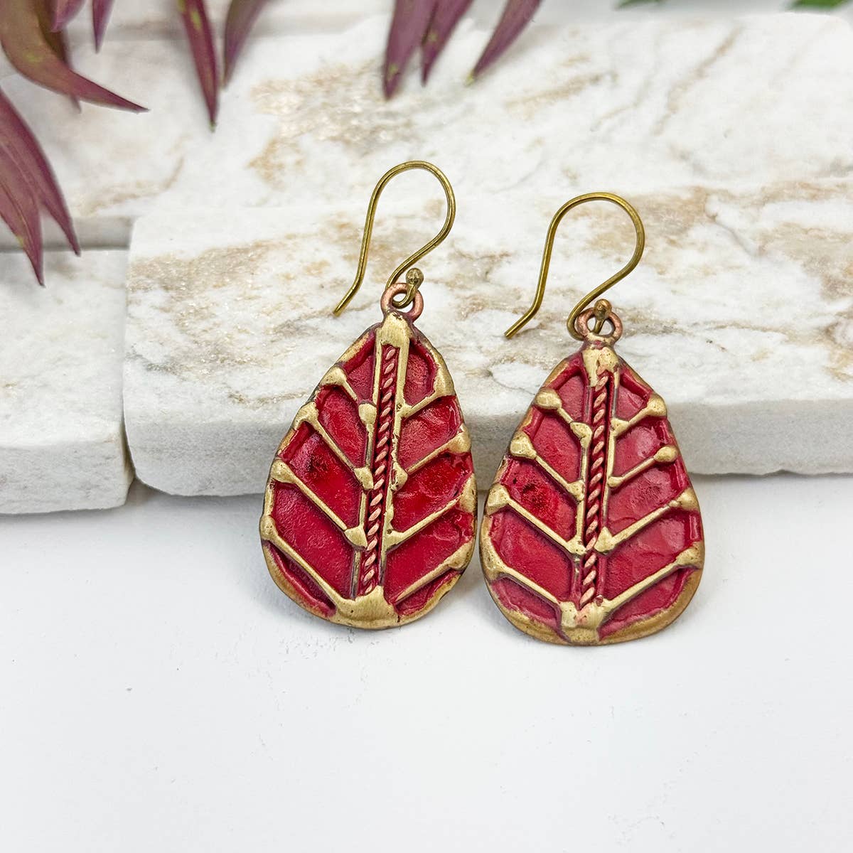 Handcrafted Bright Red Leaf Vein Brass Patina Earrings