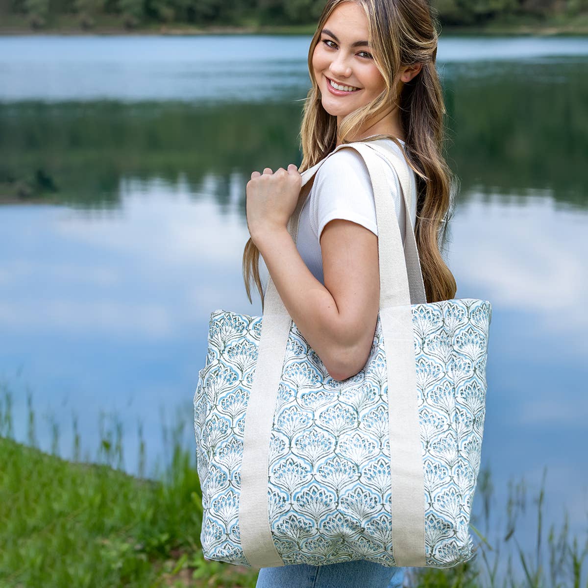 Handcrafted Canvas Bag with Block-Printed Floral Peacock