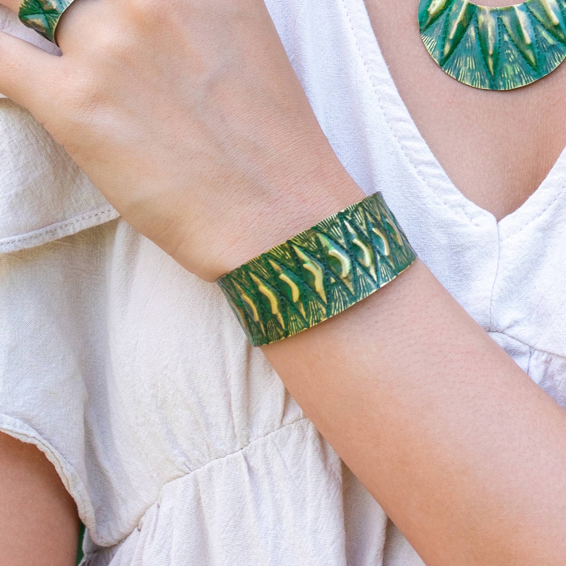 Brass Patina Bracelet - Moons and Diamonds on Green