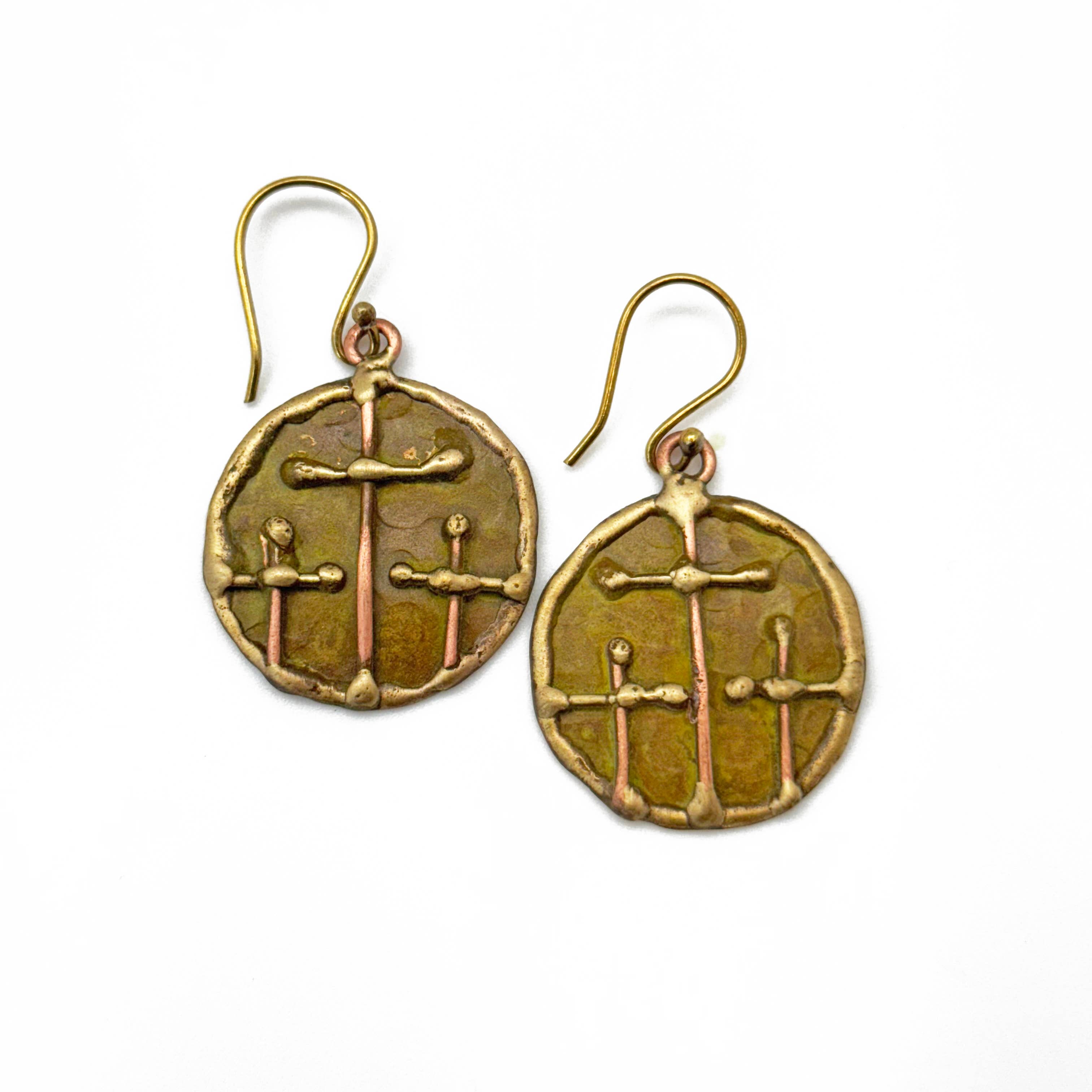 Handcrafted Olive Green Three Crosses Brass Patina Earrings
